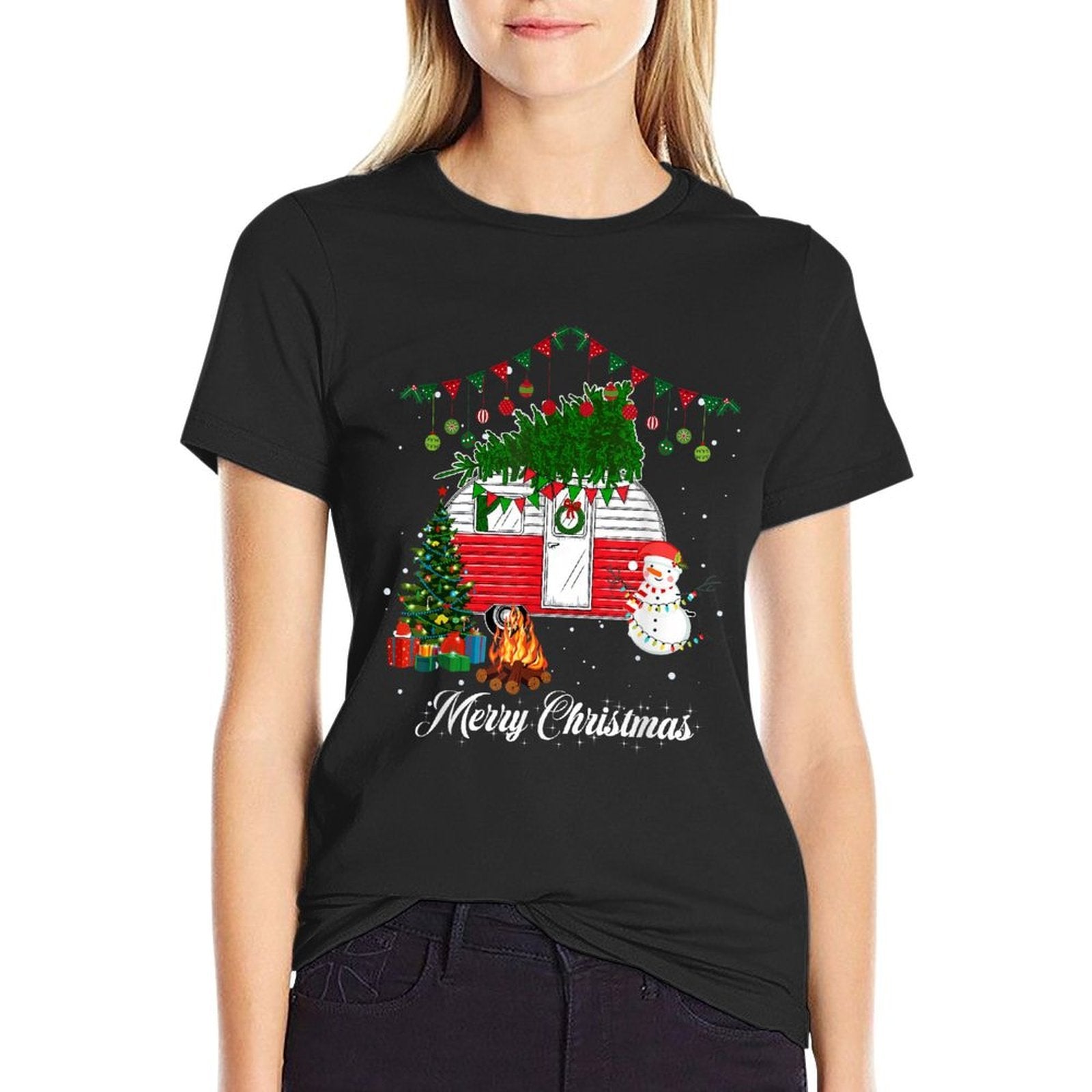 Camper Christmas Tree Matching Family Christmas Pajama  Wrinkle-resistant T-Shirt