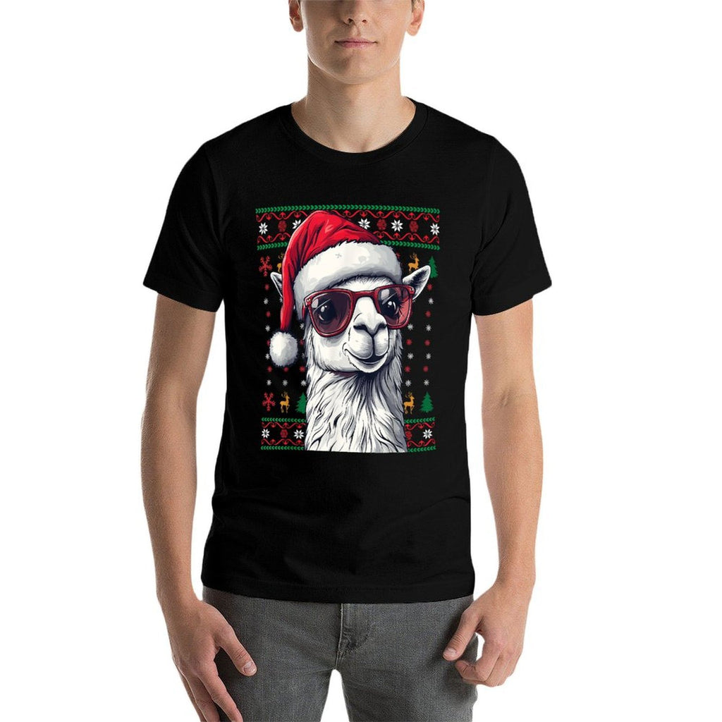 Llama Santa Hat Ugly Christmas Funny Holiday Llama Lover  Cotton T-Shirt