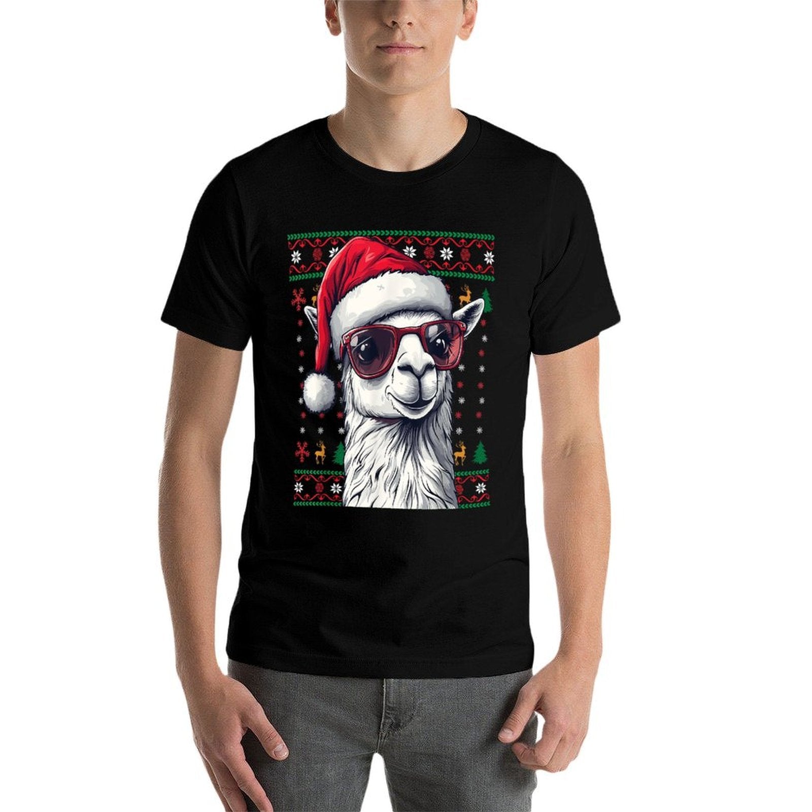 Llama Santa Hat Ugly Christmas Funny Holiday Llama Lover  Cotton T-Shirt