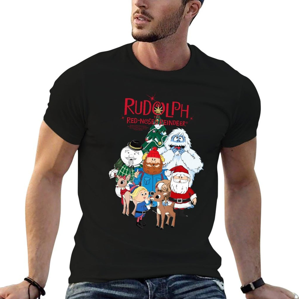 Rudolph Characters with Christmas Tree Retro Holiday  Ribbed Collar T-Shirt