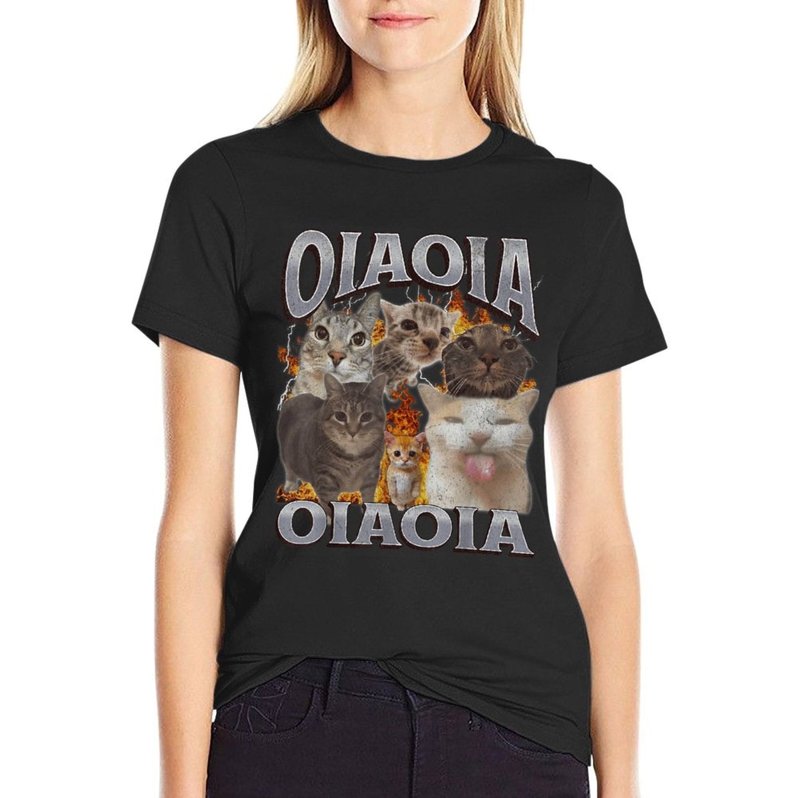 Oia Oia Funny Cat Meme Bootleg Graphic  Ribbed Collar T-Shirt