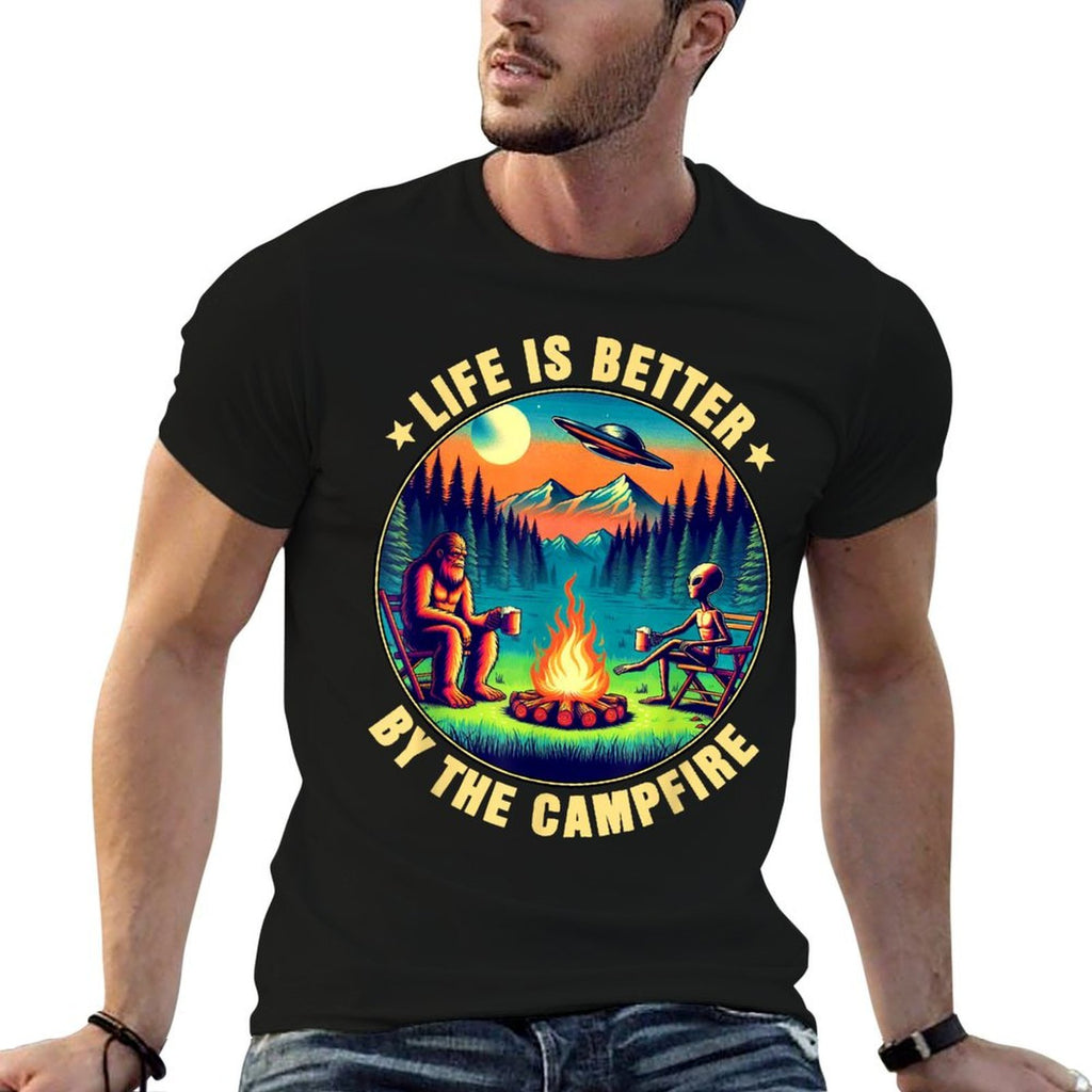 Camping Life Is Better By Campfire Drinking Bigfoot Alien  Easy-care T-Shirt