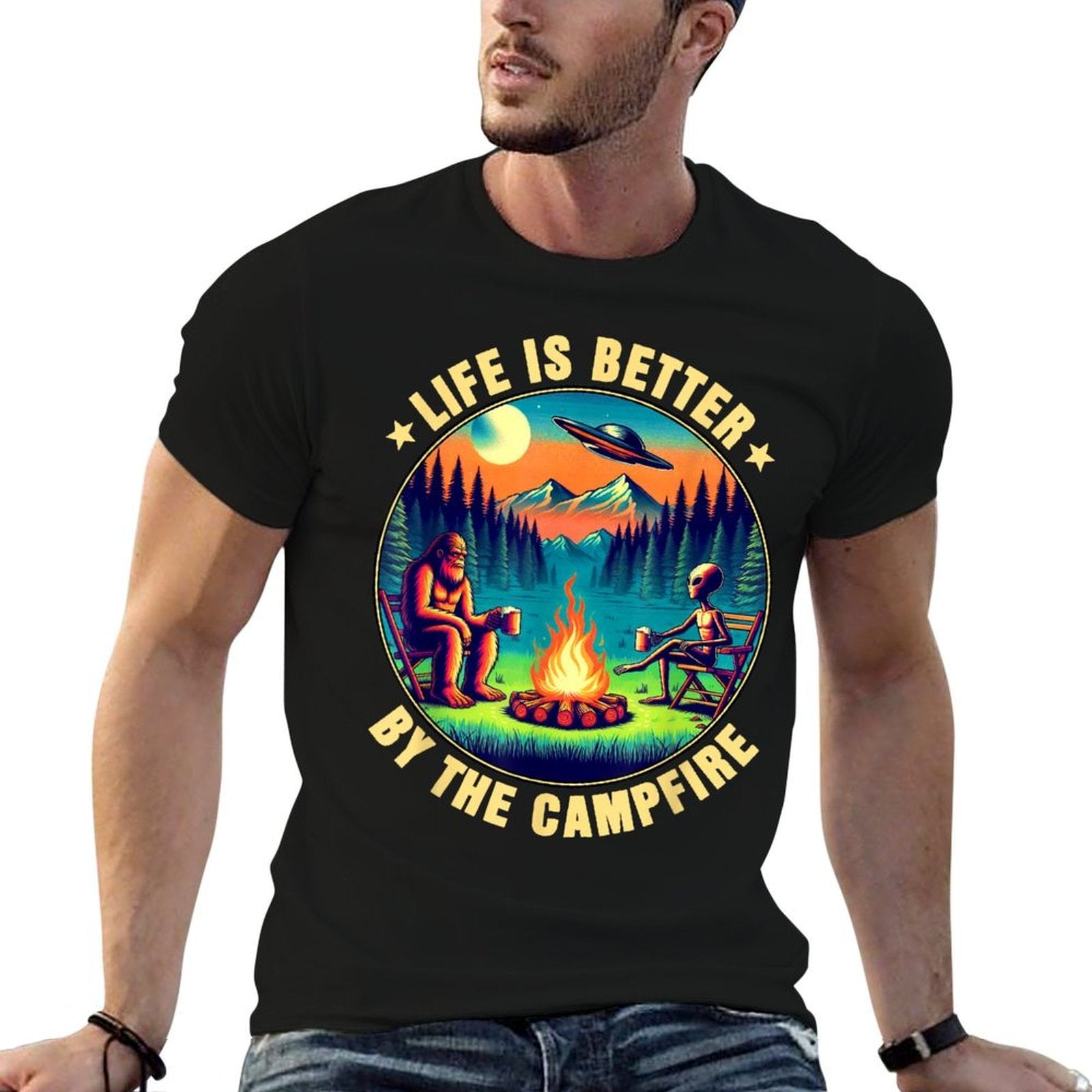 Camping Life Is Better By Campfire Drinking Bigfoot Alien  Easy-care T-Shirt