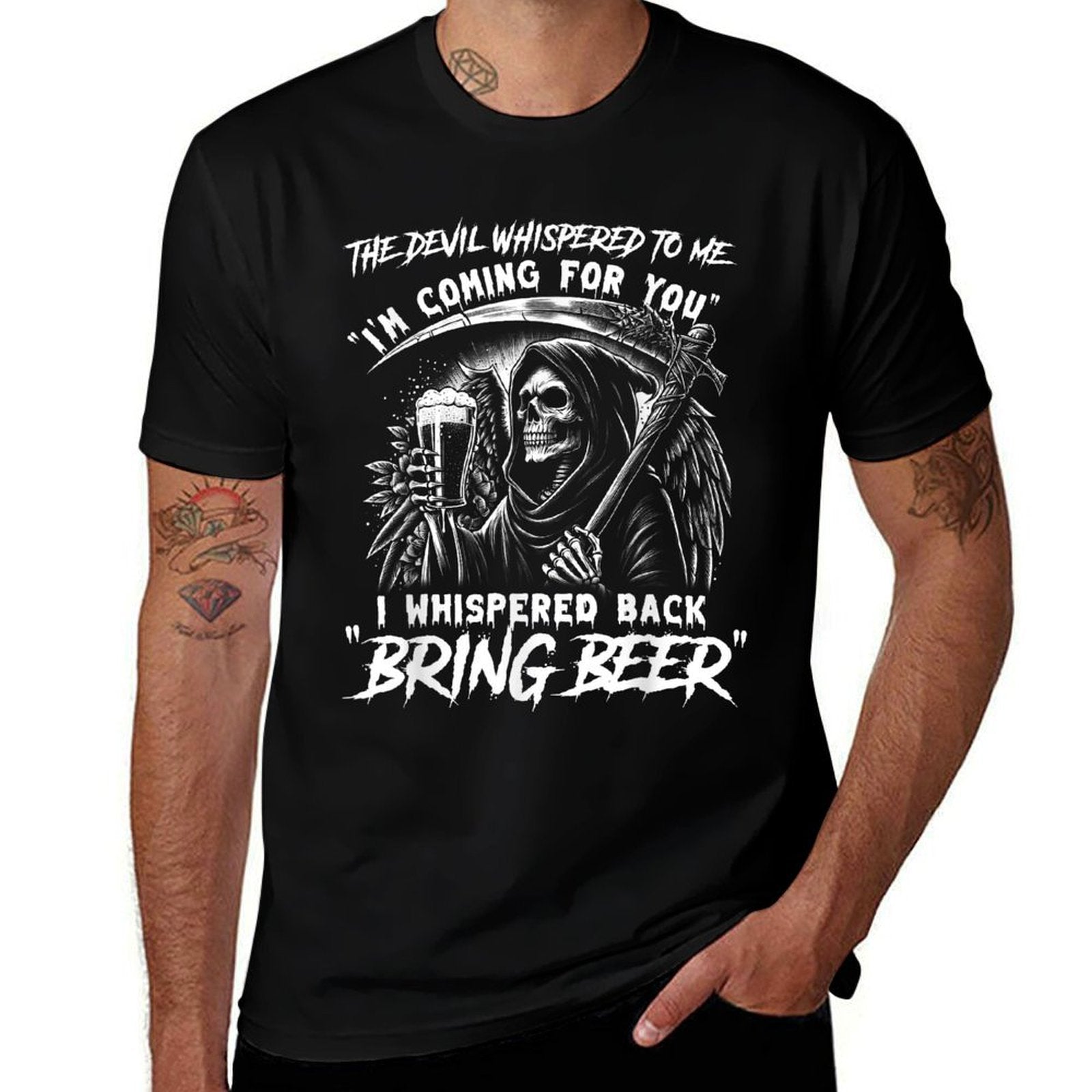 The Devil Whispered To Me - Grim Reaper Funny Beer  Trendy Pattern T-Shirt
