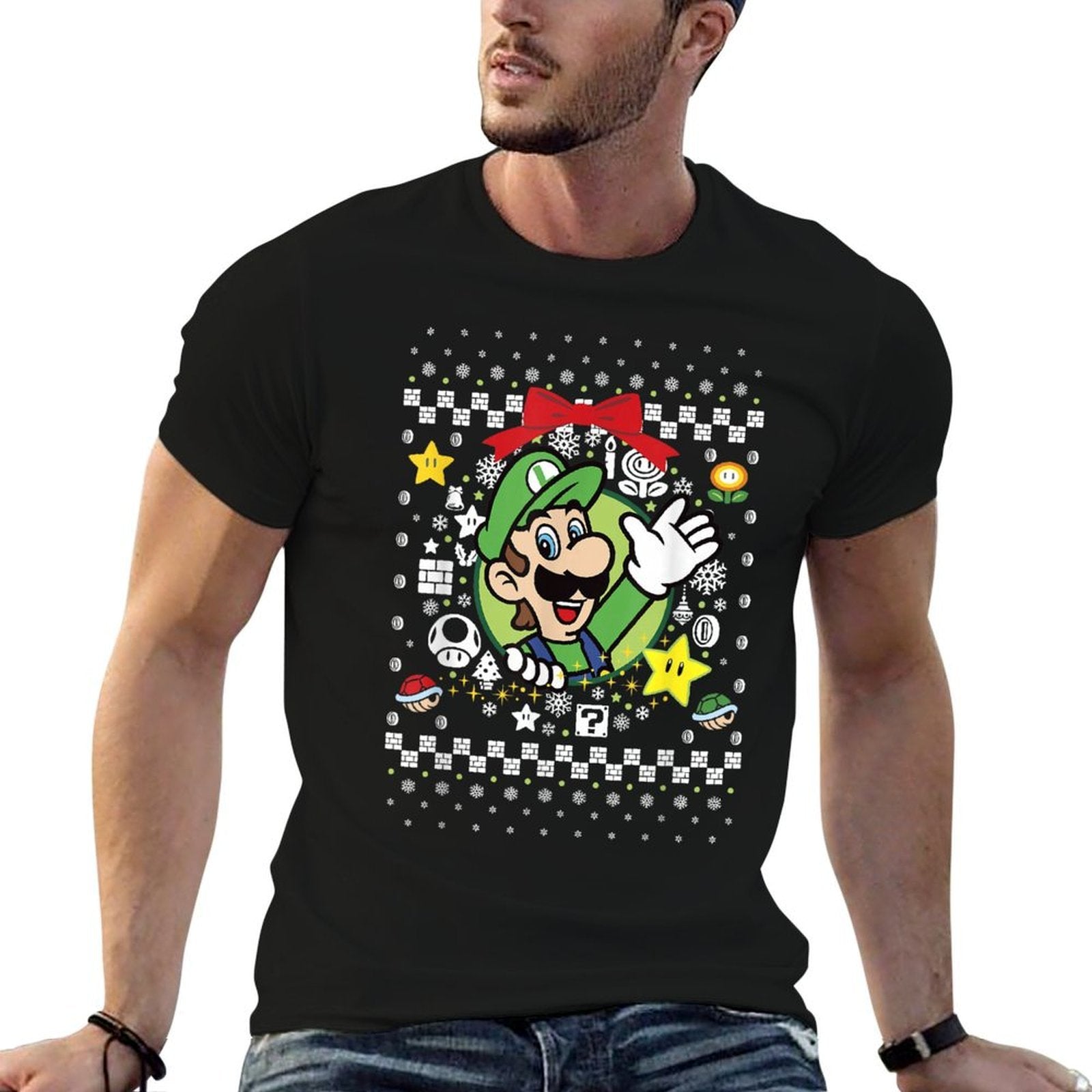 Super Mario Luigi Classic Ugly Christmas Graphic  Easy-care T-Shirt