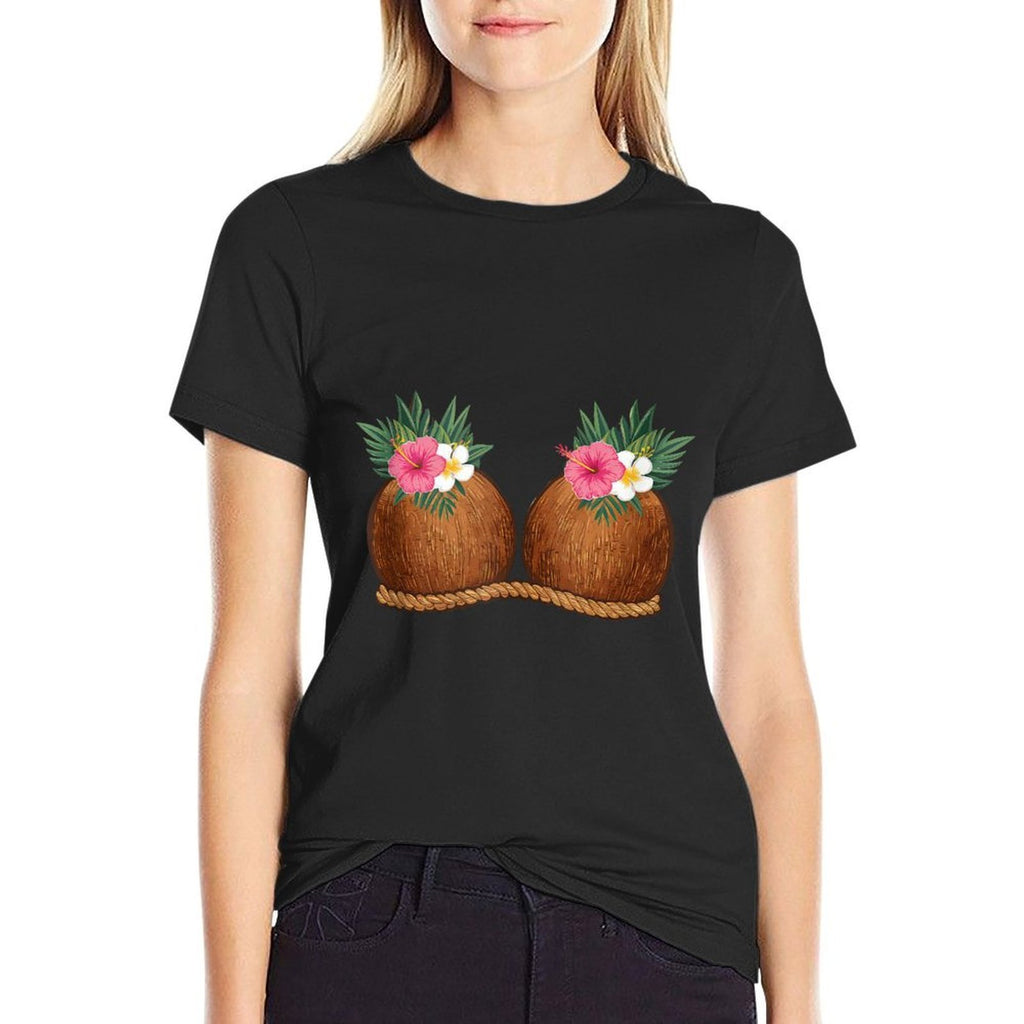 Funny Coconut Boobs Tiki Luau Hula Hawaiian Coconut Bra  Rolled Sleeves T-Shirt