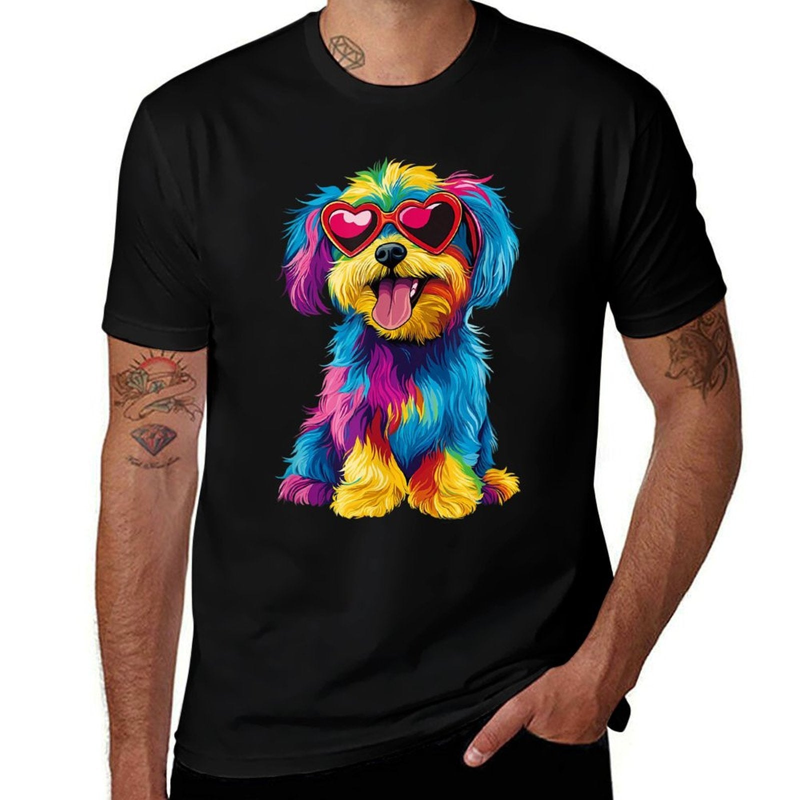 Rainbow Cute Dog Wearing Glasses Heart Puppy Love Dog Funny for Men Women Kids  Wrinkle-resistant T-Shirt