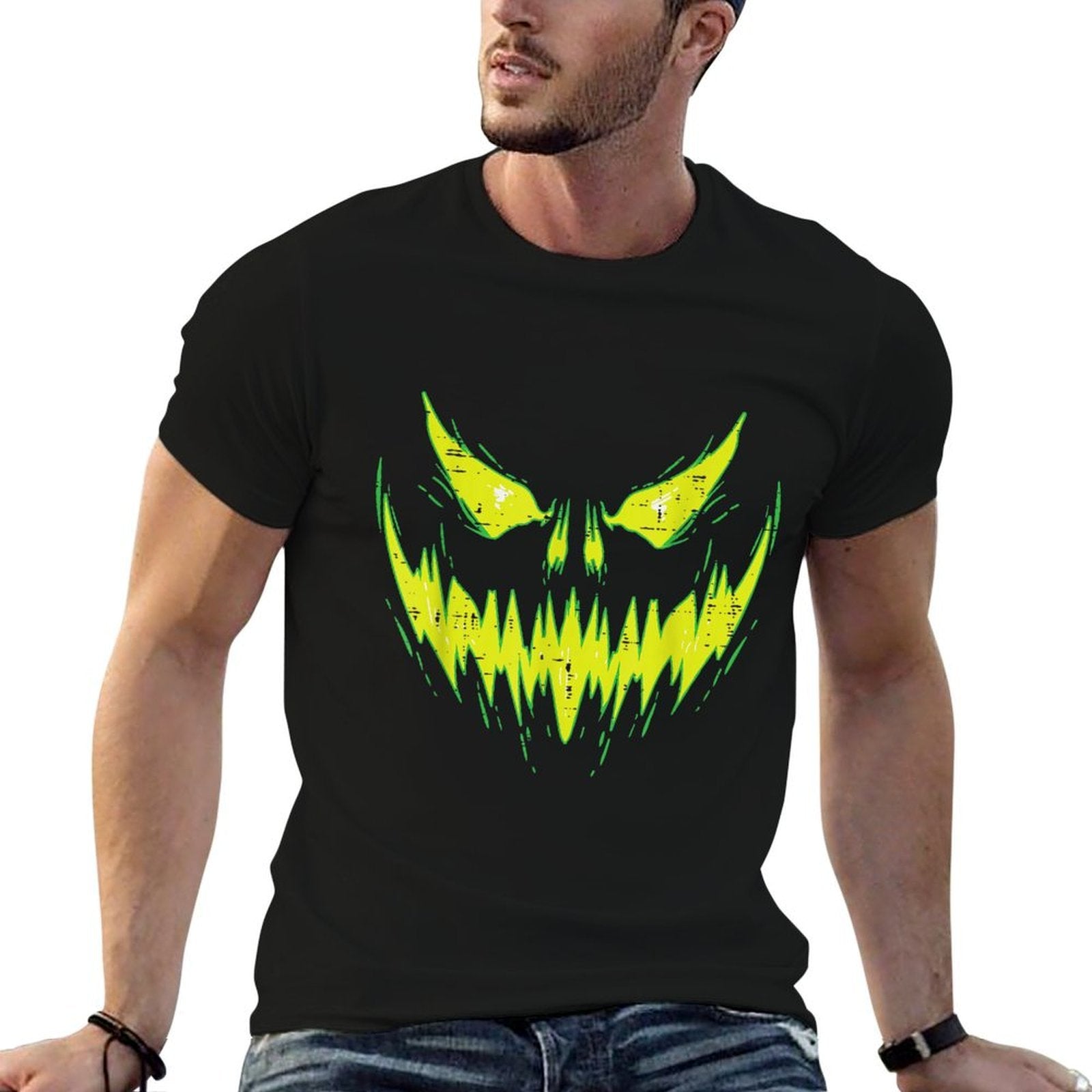 Scary Pumpkin Jack O Lantern Face Halloween Men Boys Kids  Rolled Sleeves T-Shirt