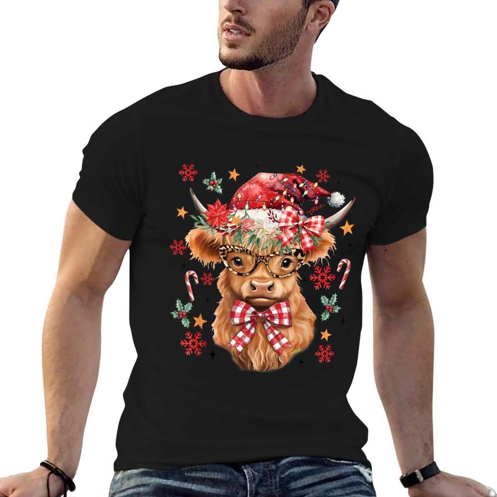 Western Highland Cow Lover Coquette Bow Merry Christmas  Tagless Design T-Shirt