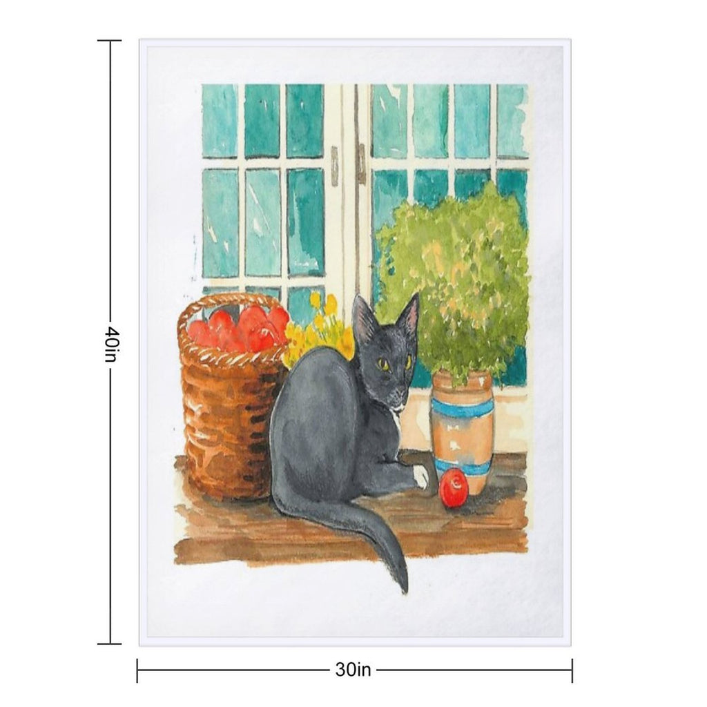 Black Cat on A Sunny Windowsill – Cozy Cottage Illustration Plush Throw Blanket