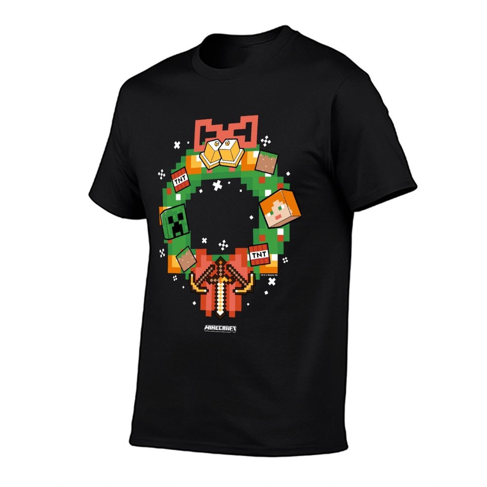 Minecraft Christmas Pixel Art Wreath Alex And Creeper  Relaxed-fit T-Shirt