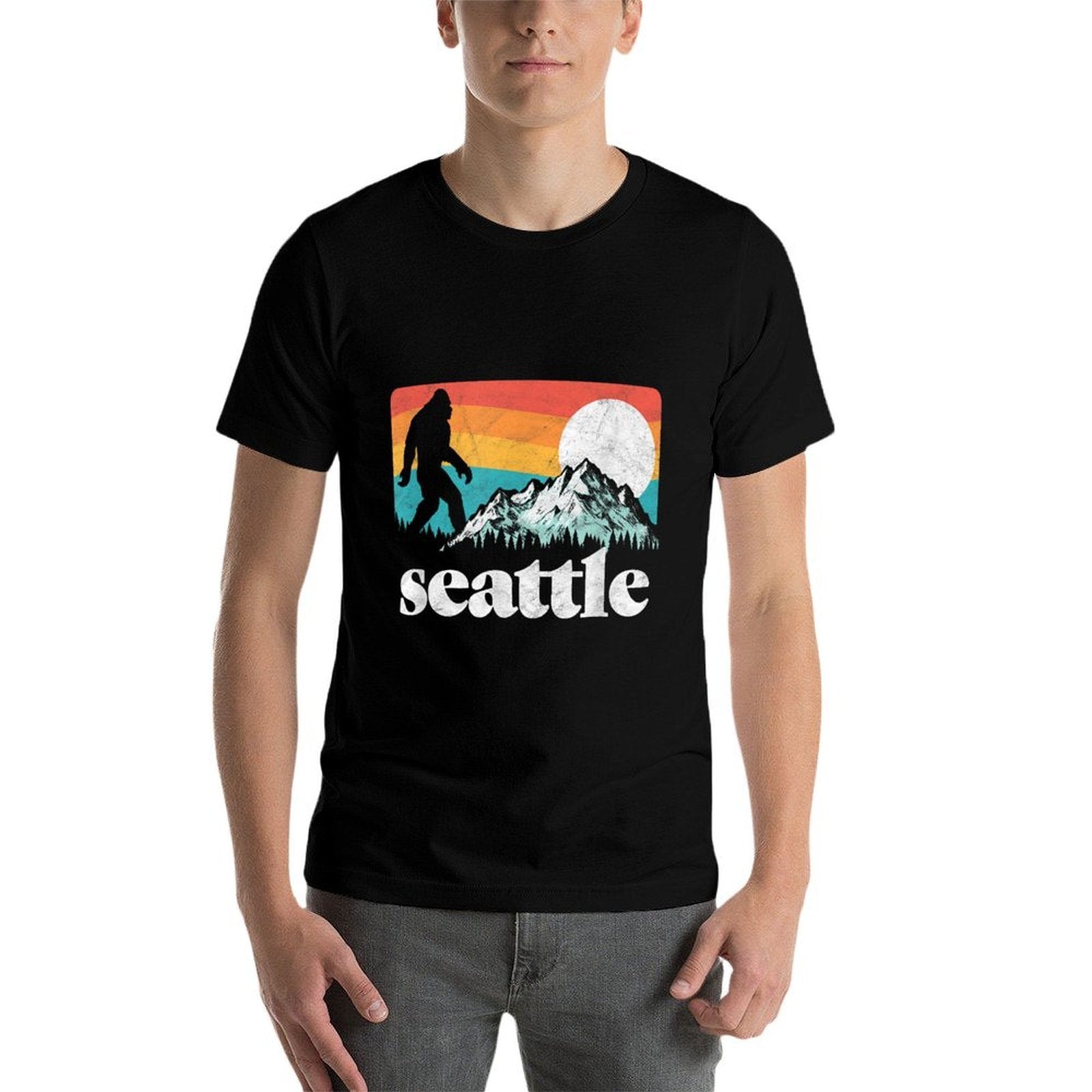 Seattle Washington Bigfoot Mountains Retro Distressed 80s  Versatile T-Shirt