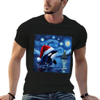 Christmas Orca Santa Hat Van Gogh Starry Night Holiday  High-quality Stitching T-Shirt