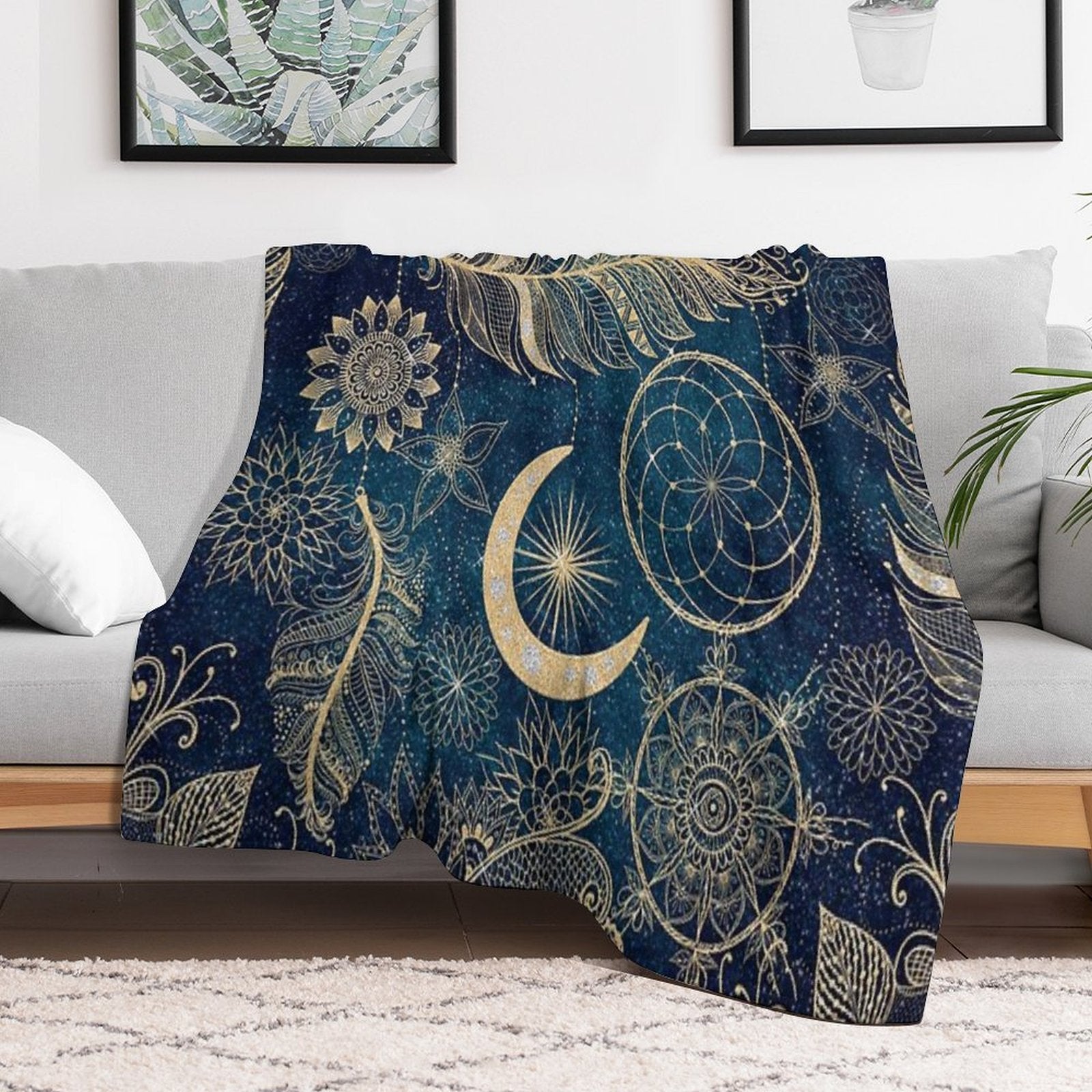 Whimsy Gold Glitter Dreamcatcher Feathers Mandala Velvety-soft Throw Blanket