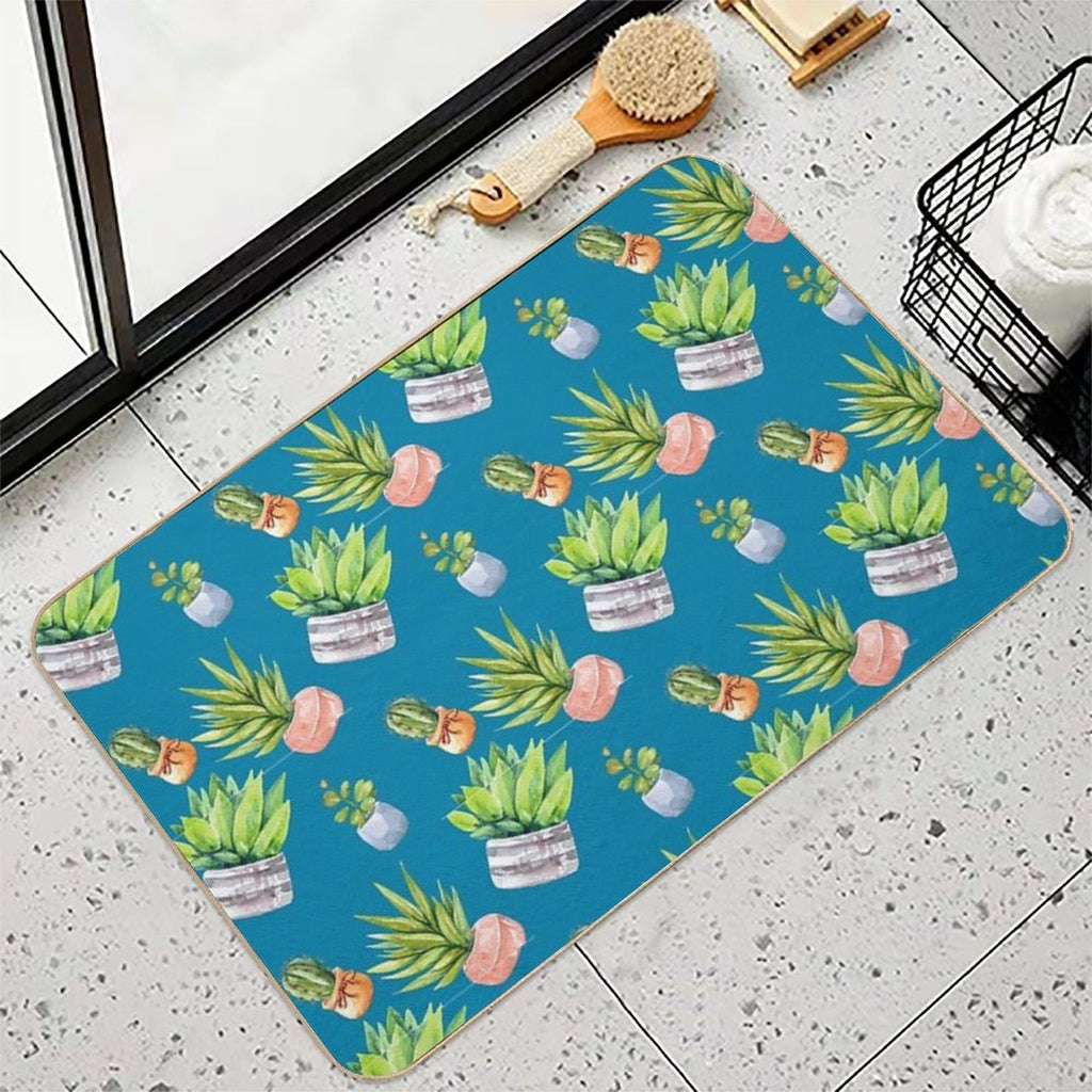 Cactus Succulent Potted Plant Pattern Teal Blue  Dirt-Trapping Bath Mat