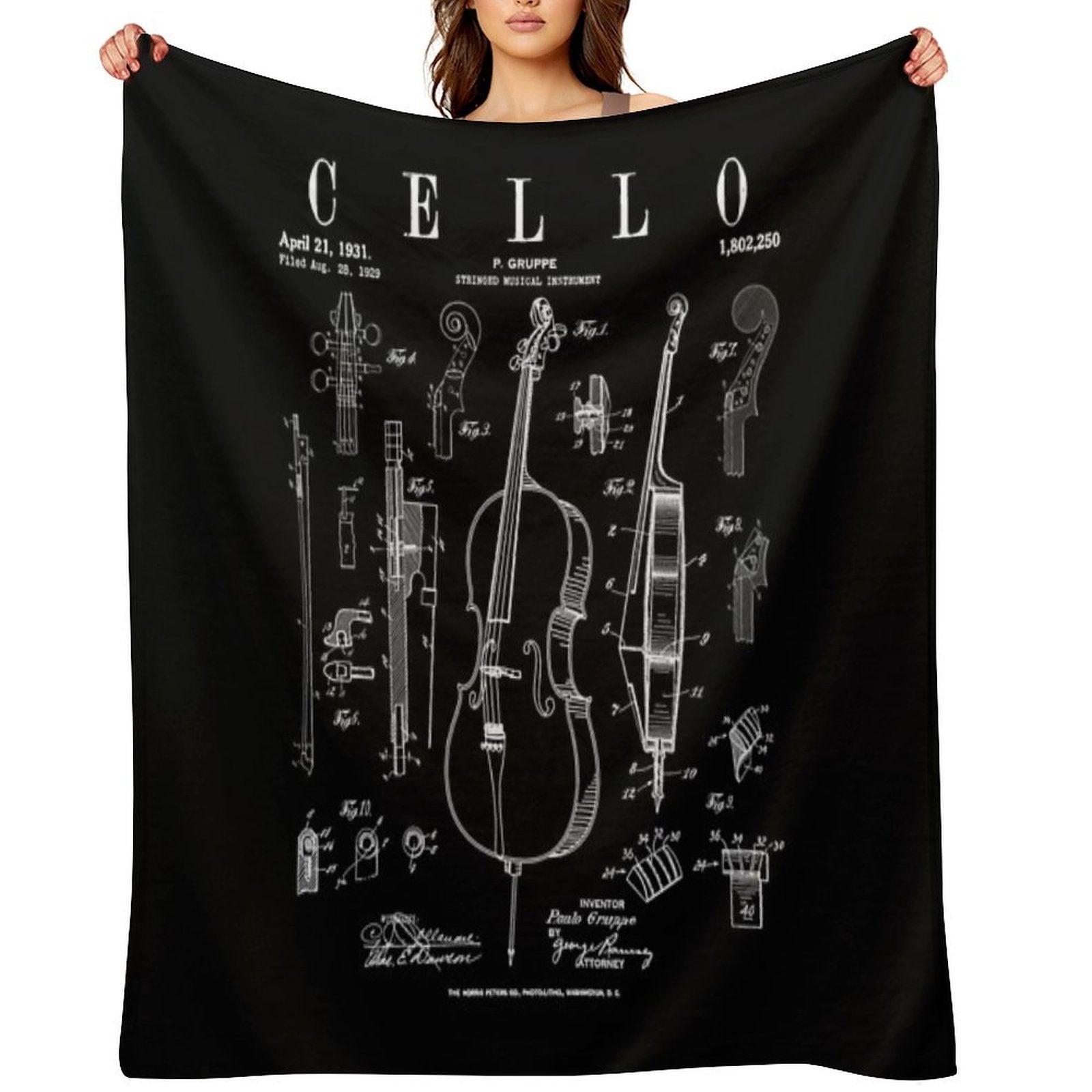 Cello Vintage Patent Cellist Drawing Print Versatility Throw Blanket