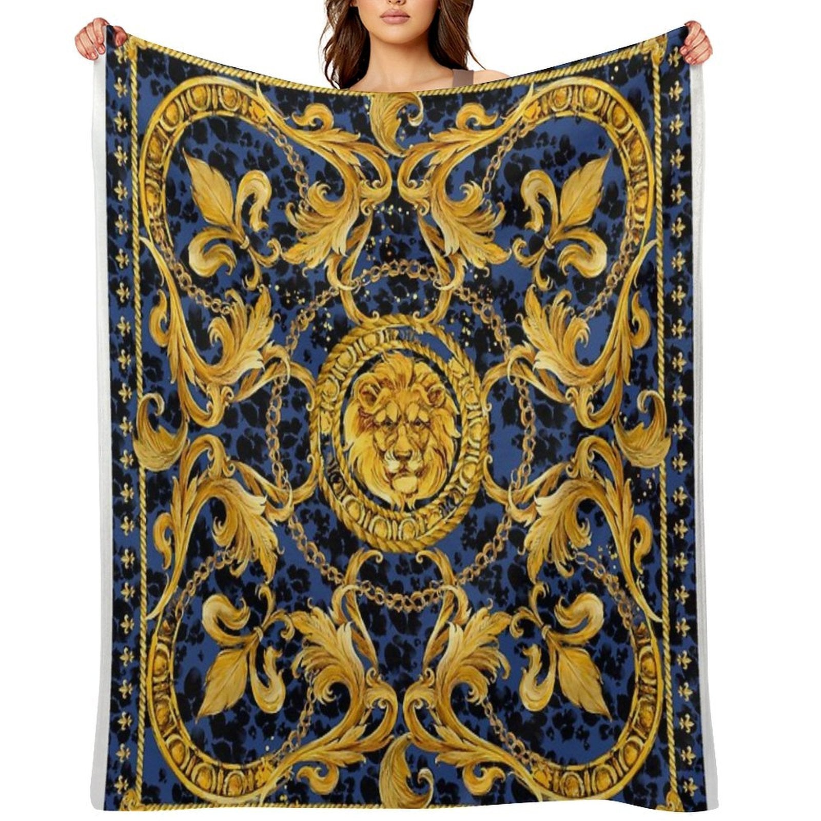 Golden Lion And Damask Ornament. Sustainable Throw Blanket