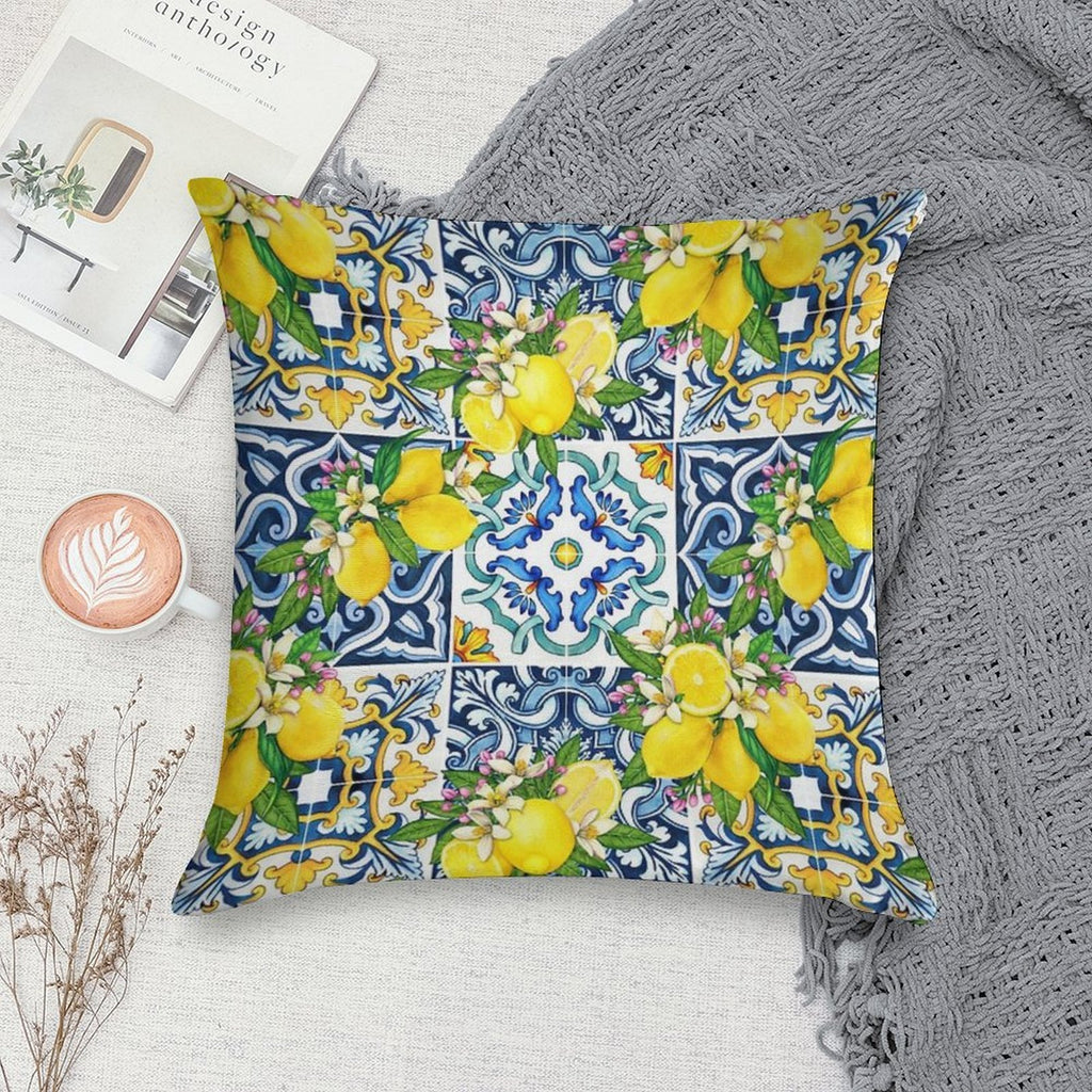 Bright Mediterranean Sicilian Tiles with Citrus Lemons Soft Style Accent Throw Pillow