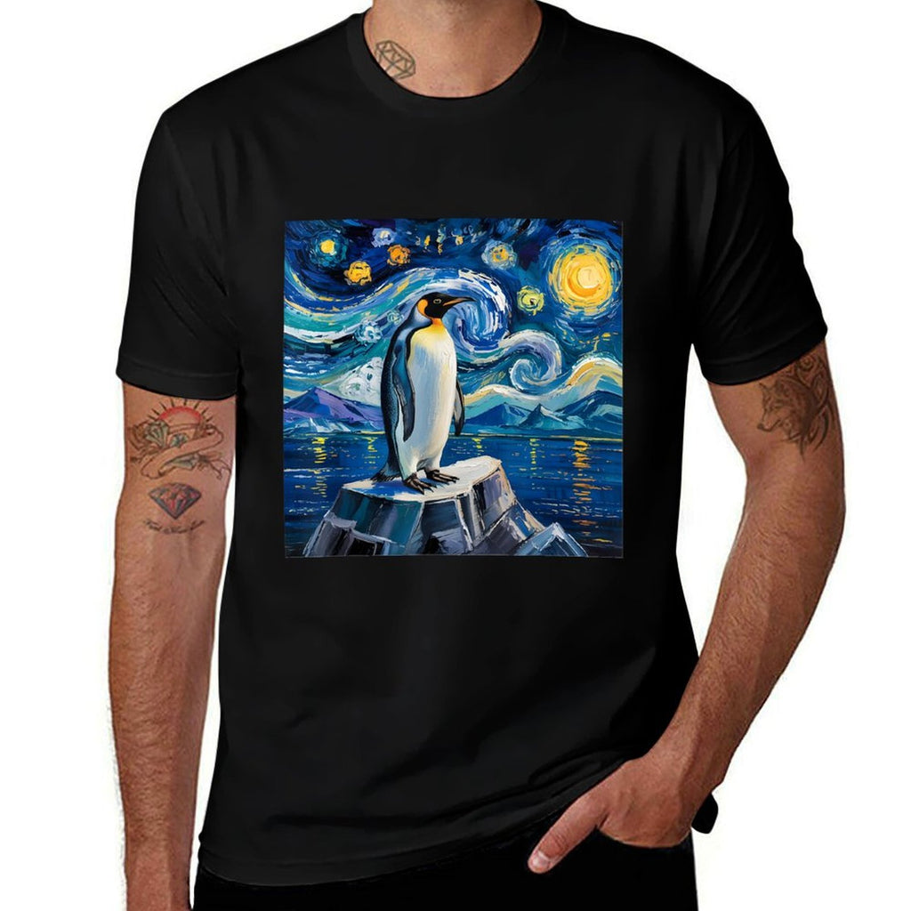 Penguin Starry Night Funny Penguin Art Van Gogh Style  High-quality Stitching T-Shirt