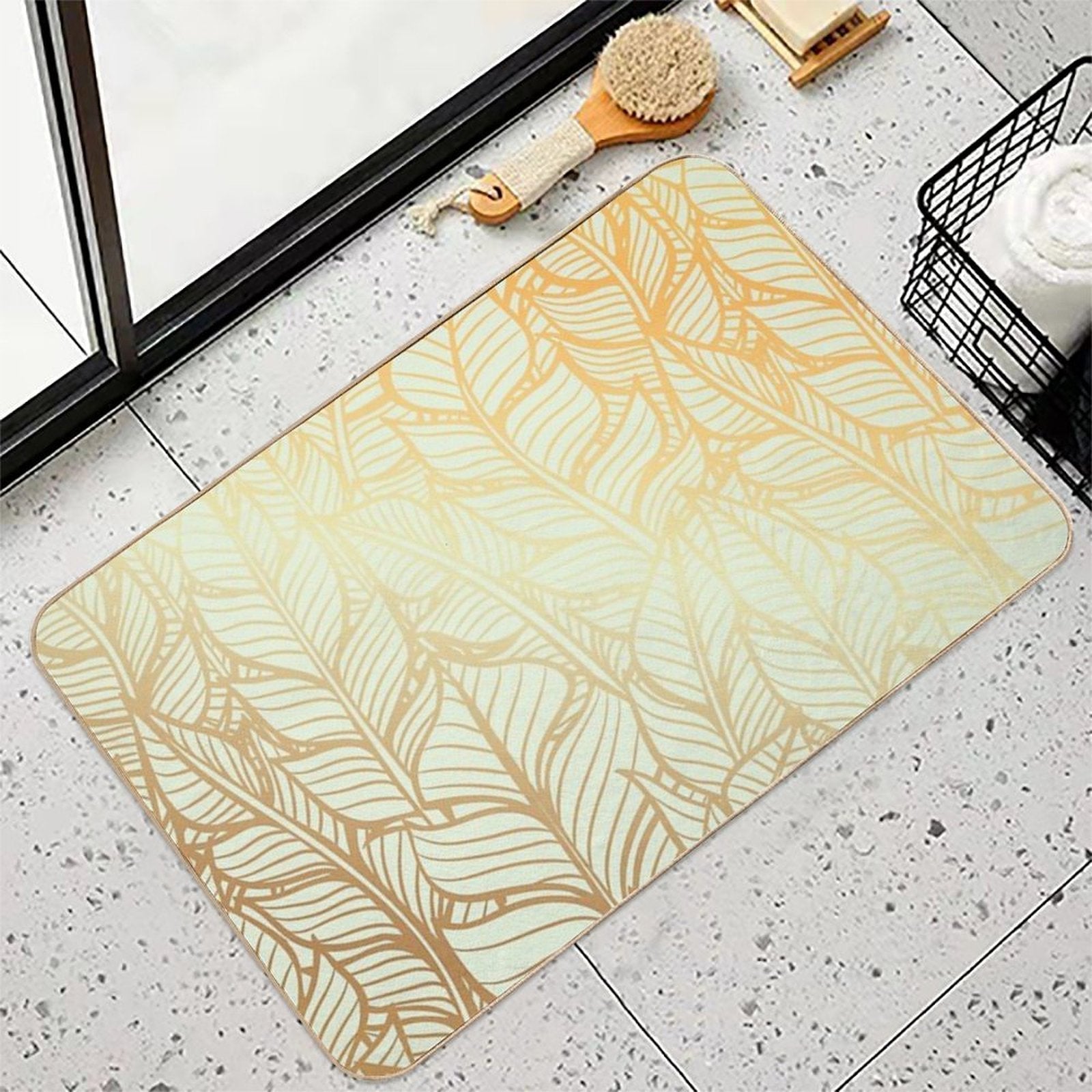 Bohemian Gold Feathers Illustration With White Shimmer  Anti-Trip Bath Mat