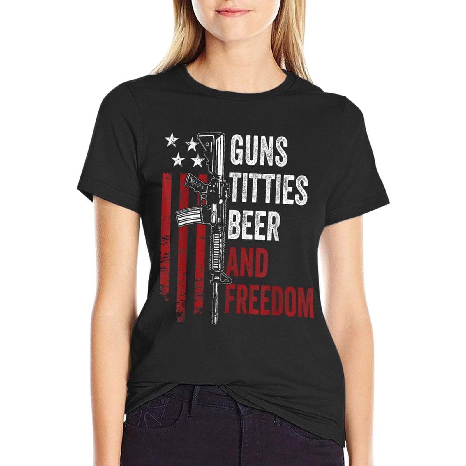 Guns Titties Beer  Freedom - Mens Funny Guns Drinking USA  Cotton T-Shirt