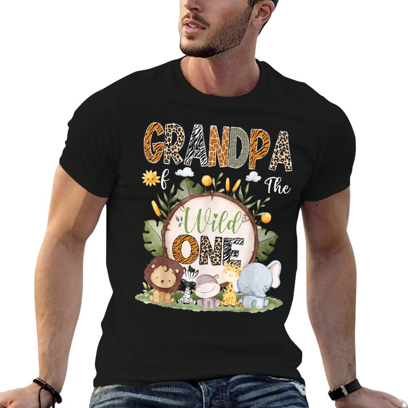 Grandpa Of The Wild One 1St Birthday Kids Safari Woodland  Polyester Blend T-Shirt
