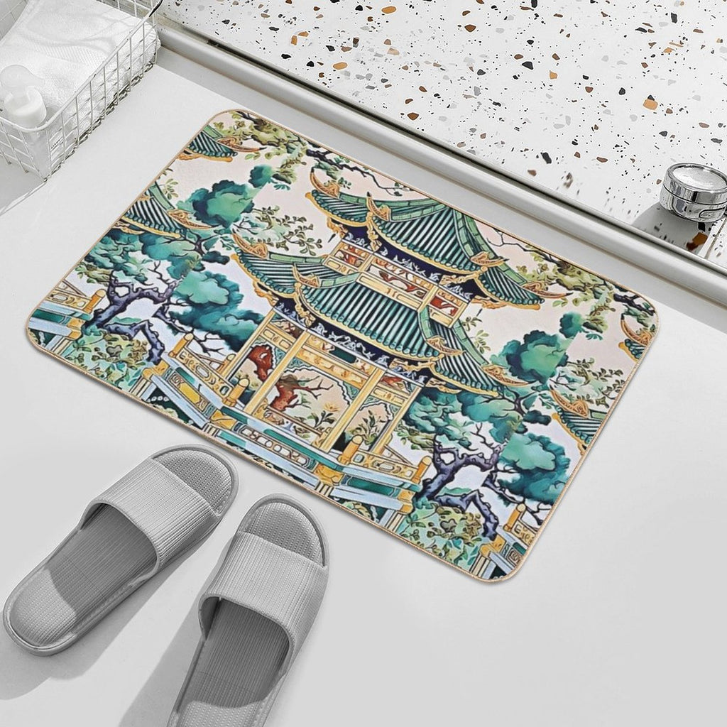 Ceramic Tile Folk Art - Chinese Pagoda Chinoiserie  Versatile Bath Mat