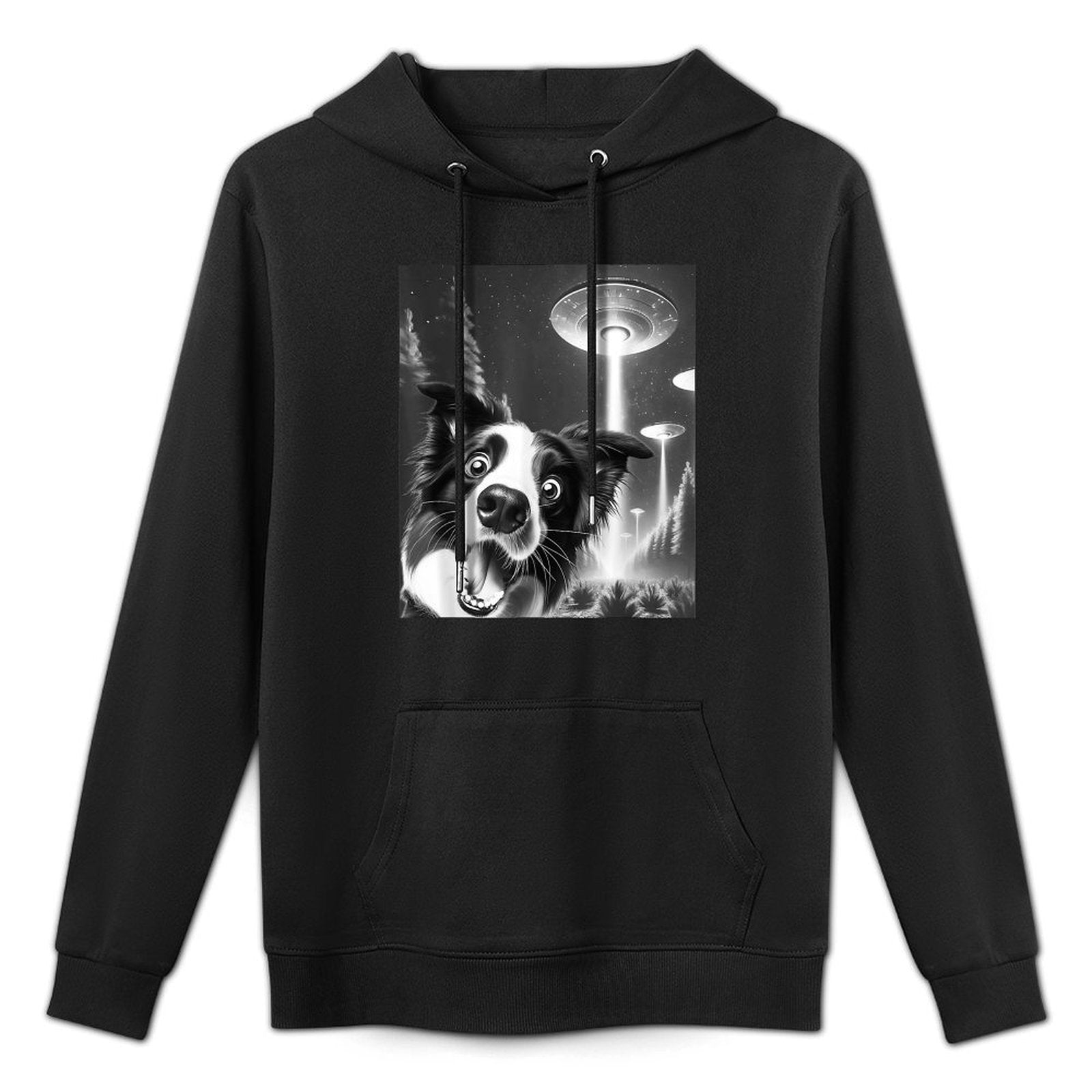 Funny Border Collie Alien UFO Taking A Selfie Dog Mom Dad Men Women Girls Kids Shape Retention Hoodie