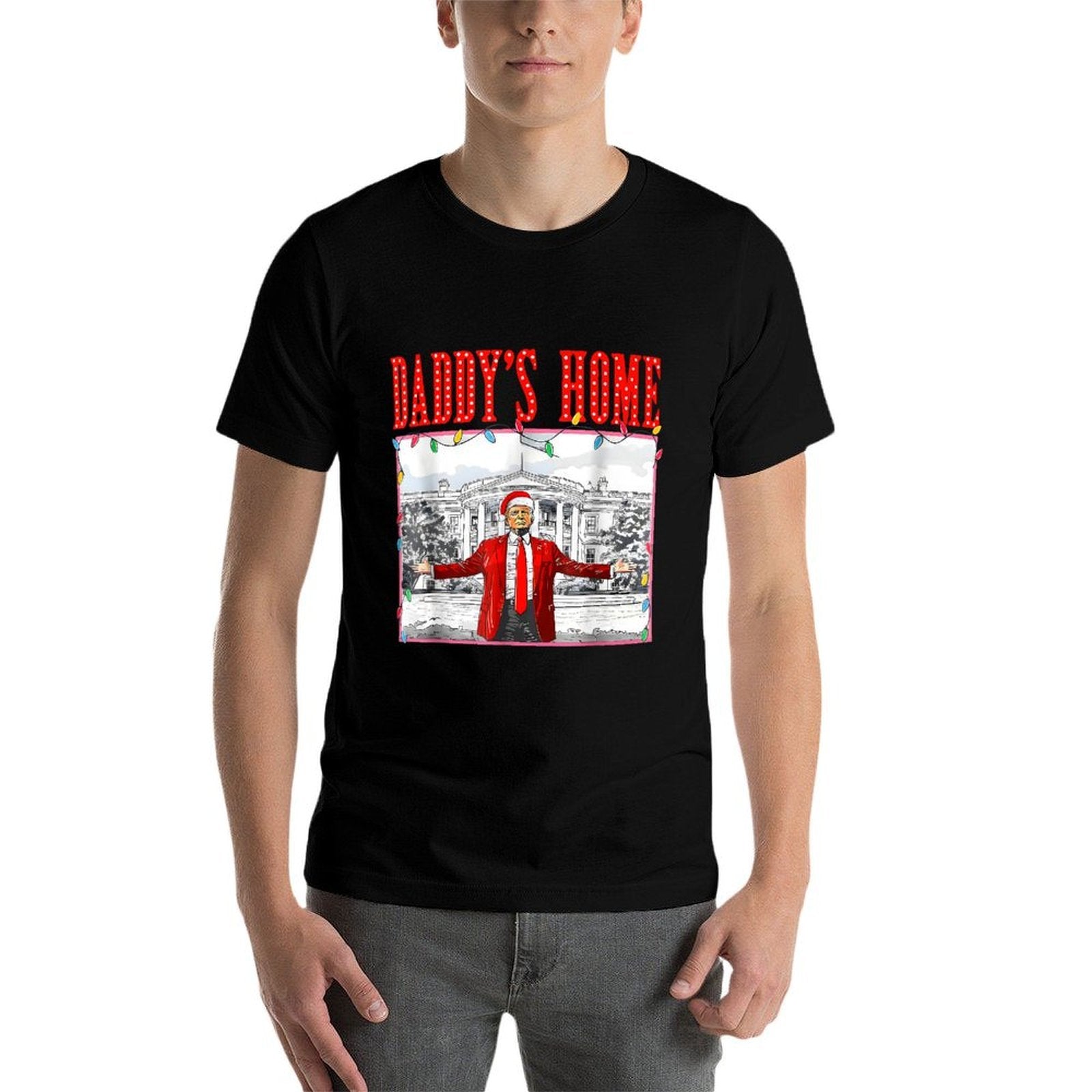 Daddys Home For Christmas Trump Santa Hat Xmas Light  Soft T-Shirt