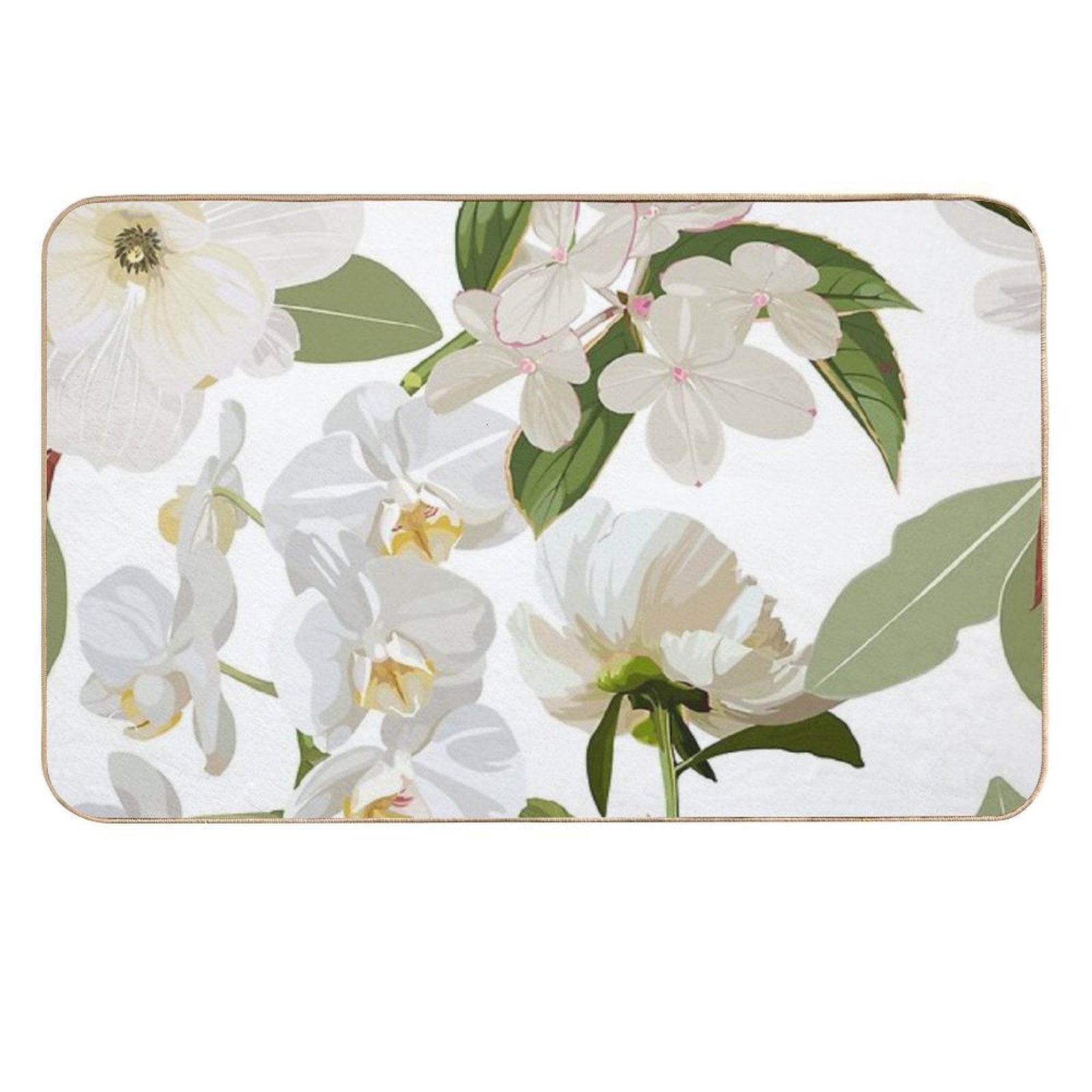 Beautiful Floral Seamless Pattern with Hydrangea White Flowers, Ochids And Leaves.  Stain-Proof Bath Mat