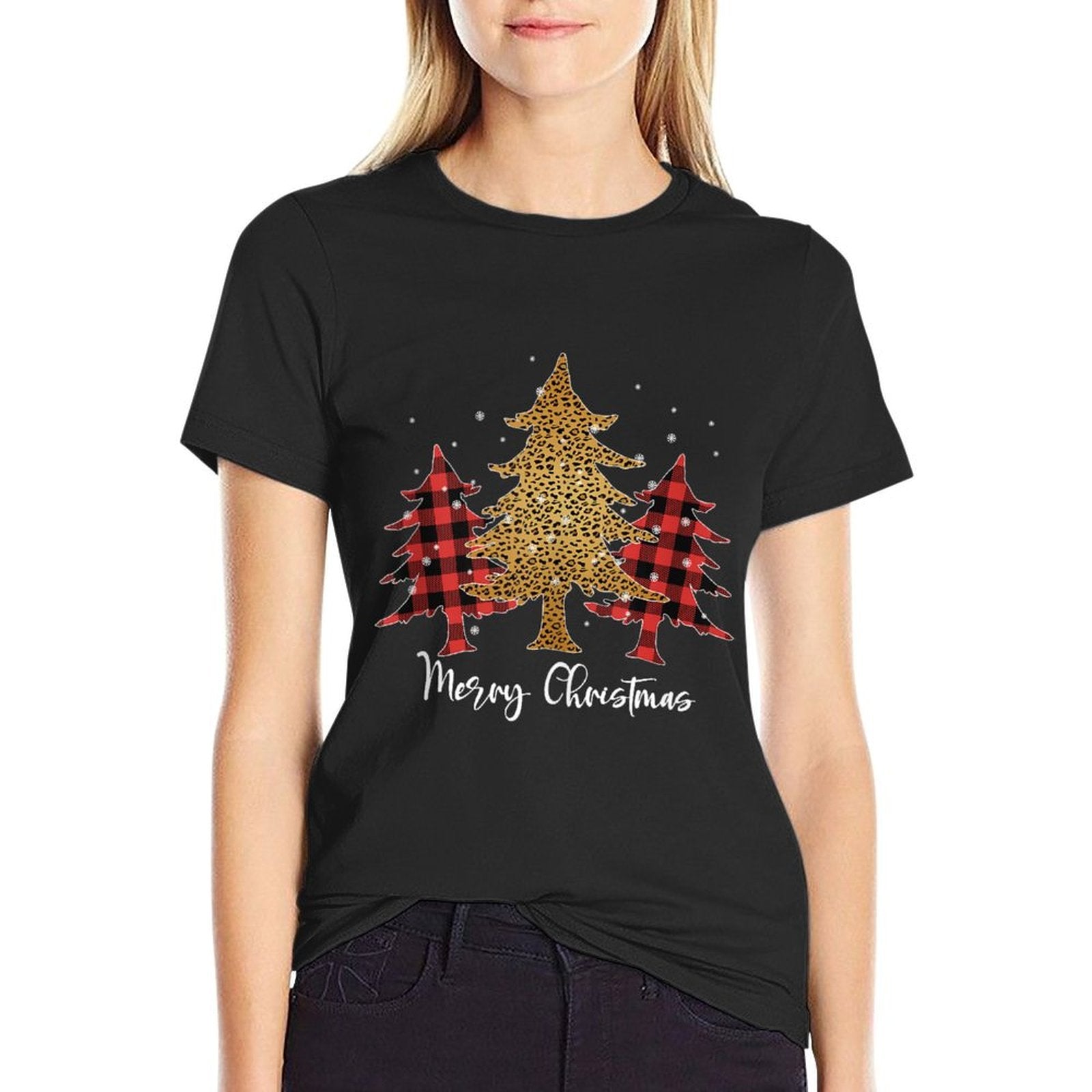 Merry Christmas for Women Leopard Plaid Tree  Stretchy T-Shirt