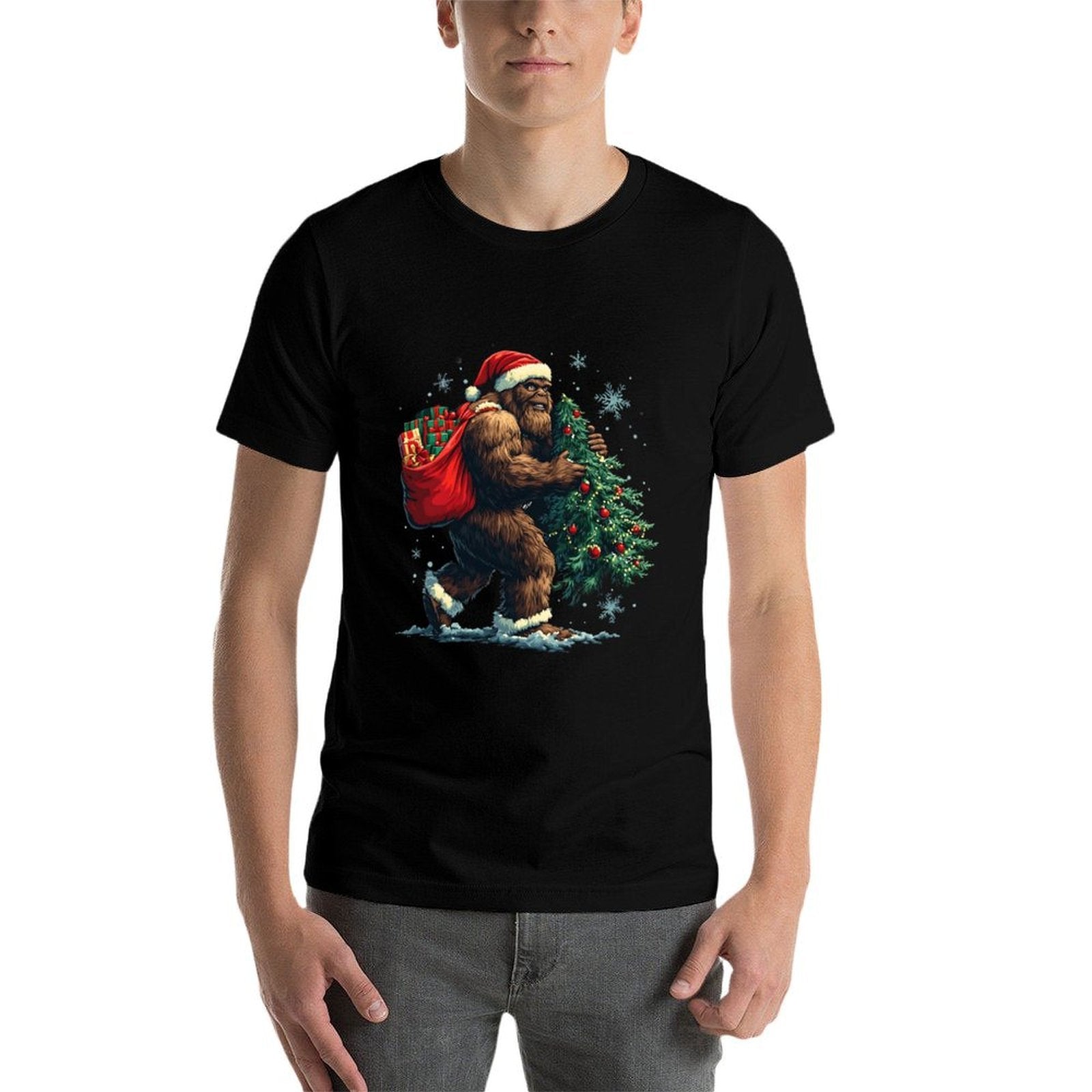 Bigfoot Christmas Tree Lights Xmas Boys Men Sasquatch Lovers  Graphic-printed T-Shirt