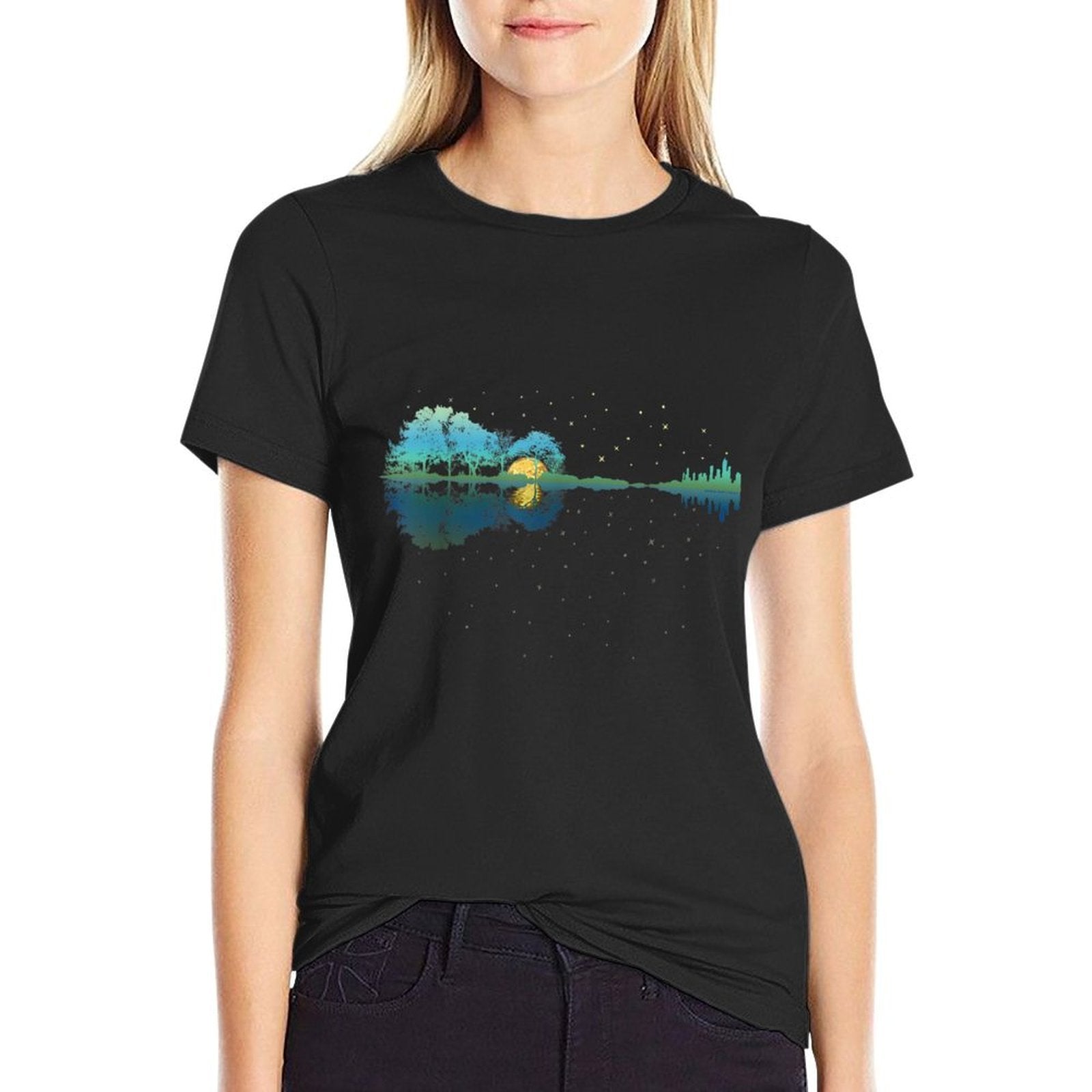 Guitar Lake Reflections Night Sky And Moon Guitar  Slim-fit Cut T-Shirt