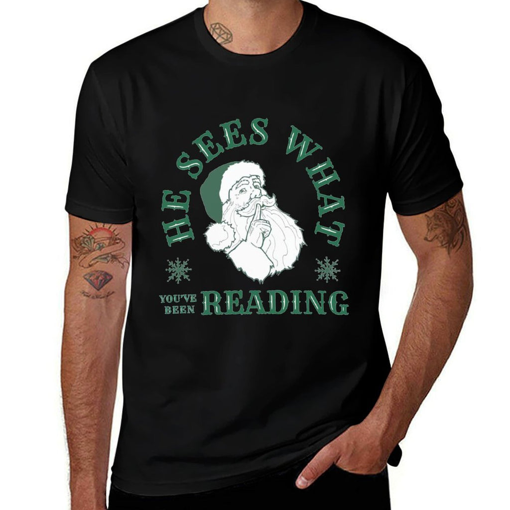 Book Lover Reader Christmas He Sees What Youve Been Reading Funny Bookish Christmas Sweatshirt Grey Medium  Tagless Design T-Shirt