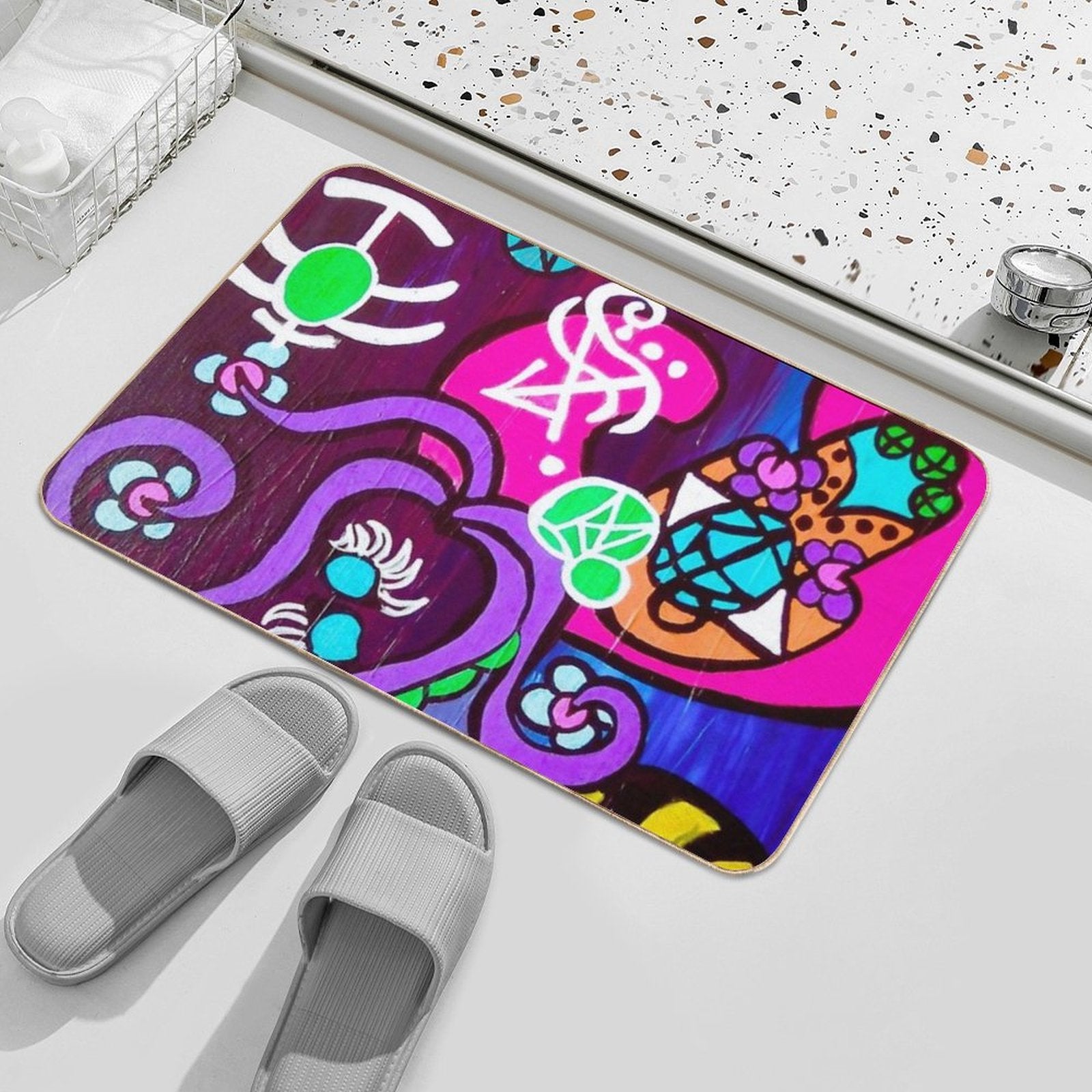 Abstract Colorful Floral And Symbols  Easy Maintenance Bath Mat