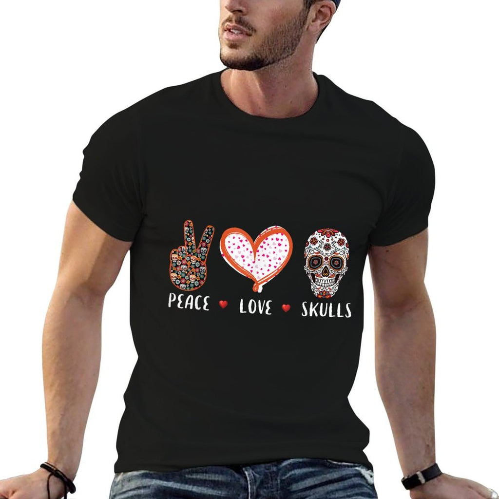 Peace Love Skulls Men Women Kids Boys Girls Sugar Skull  Rolled Sleeves T-Shirt