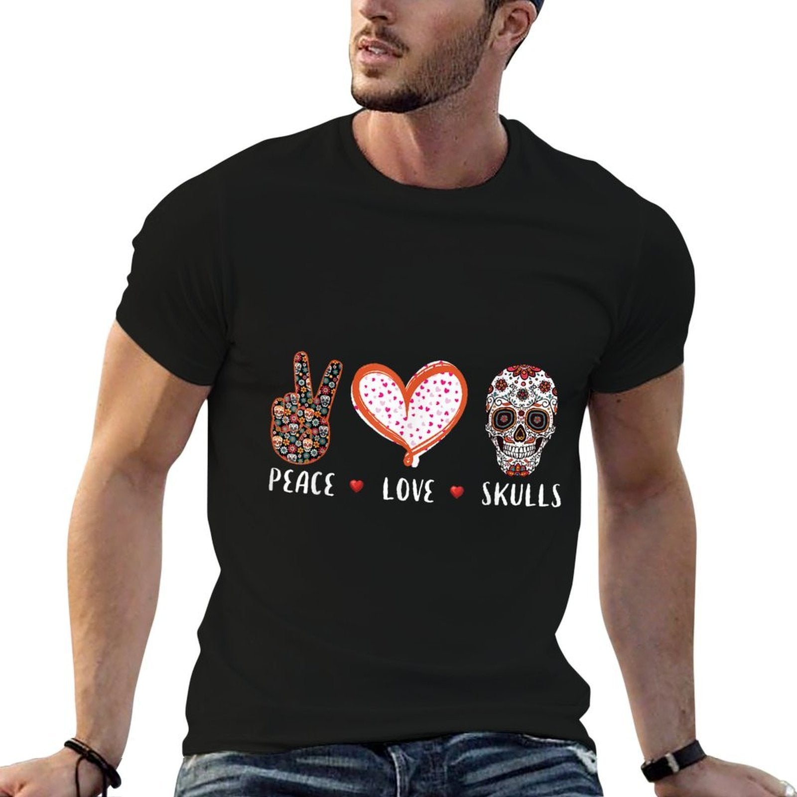 Peace Love Skulls Men Women Kids Boys Girls Sugar Skull  Rolled Sleeves T-Shirt