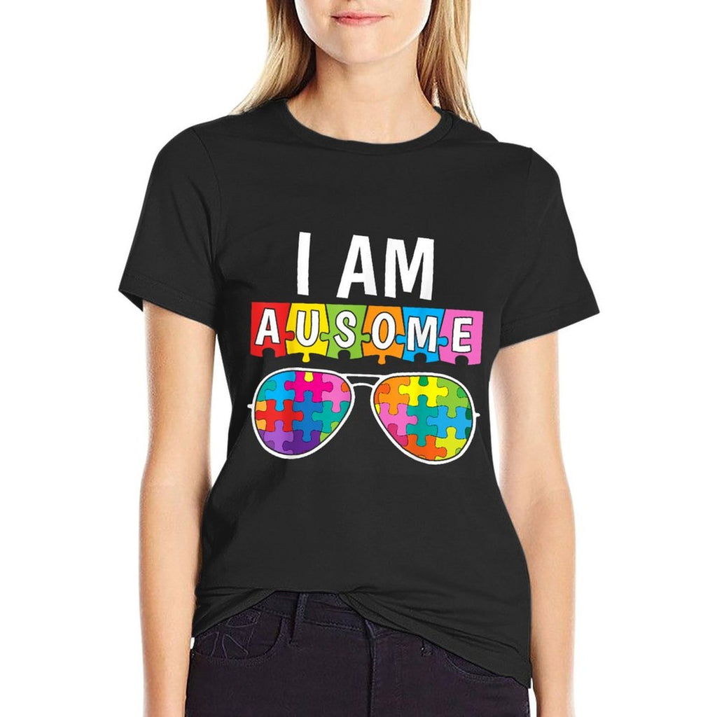 I Am Ausome Autistic Autism Awareness Puzzle Sunglasses Kids Comfortable T-Shirt