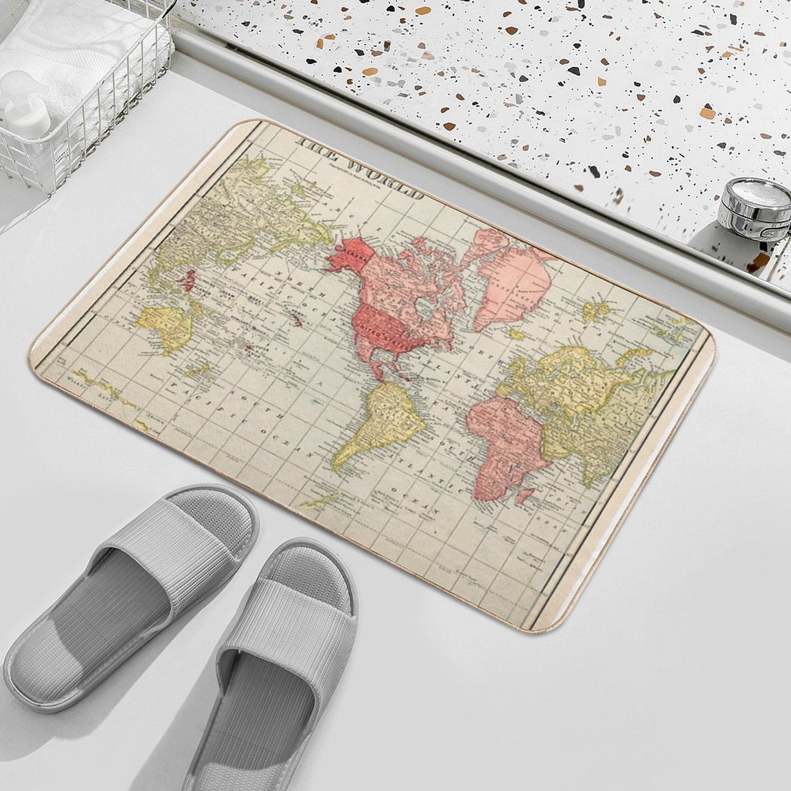 Vintage Historical Detailed Red Yellow Color USA Centric World Map Boho  High-Traffic Bath Mat
