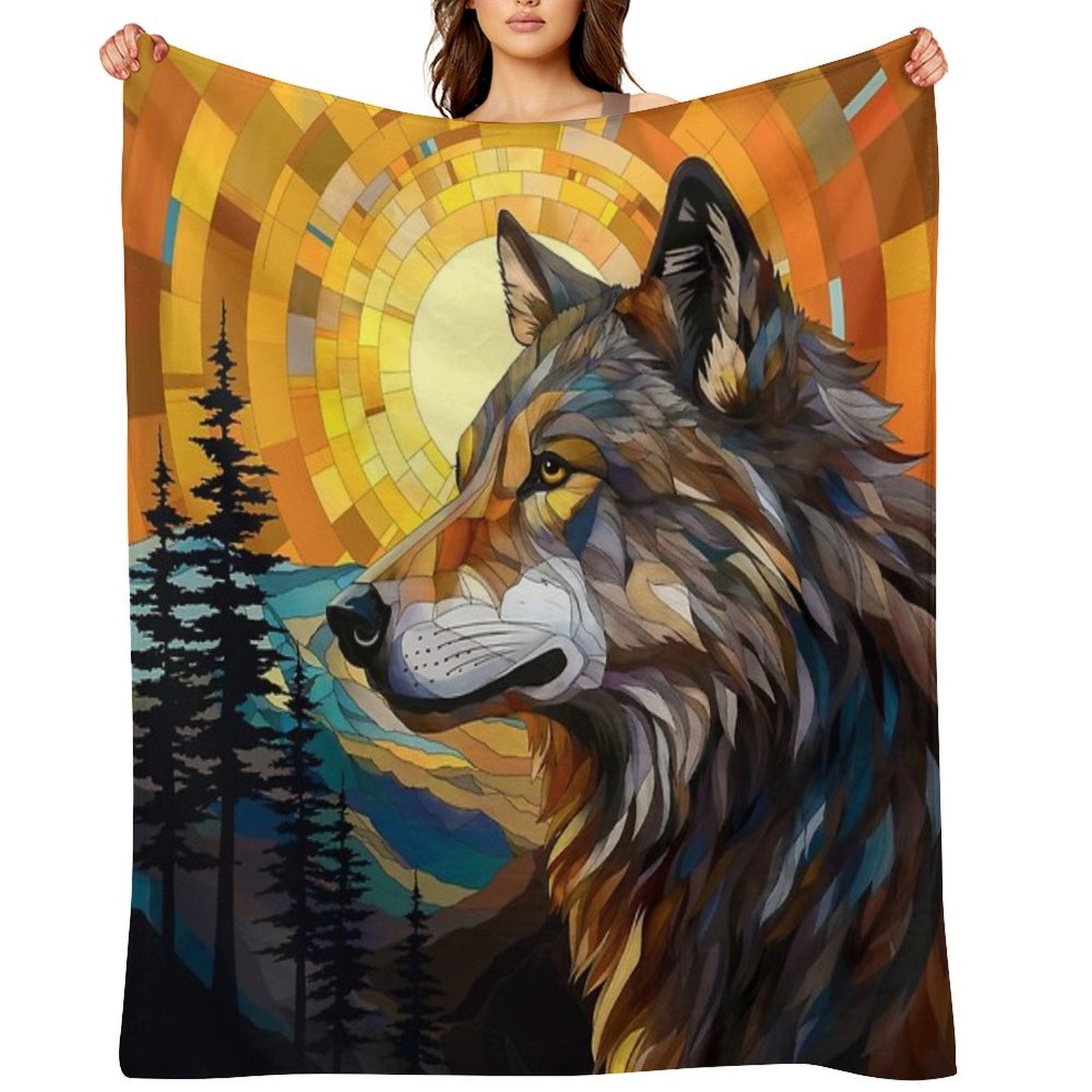 Wolf at Sunset Plush Throw Blanket