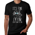 Womens Its Fine Im Fine Everything Is Fine Funny Black Cat  Rolled Sleeves T-Shirt