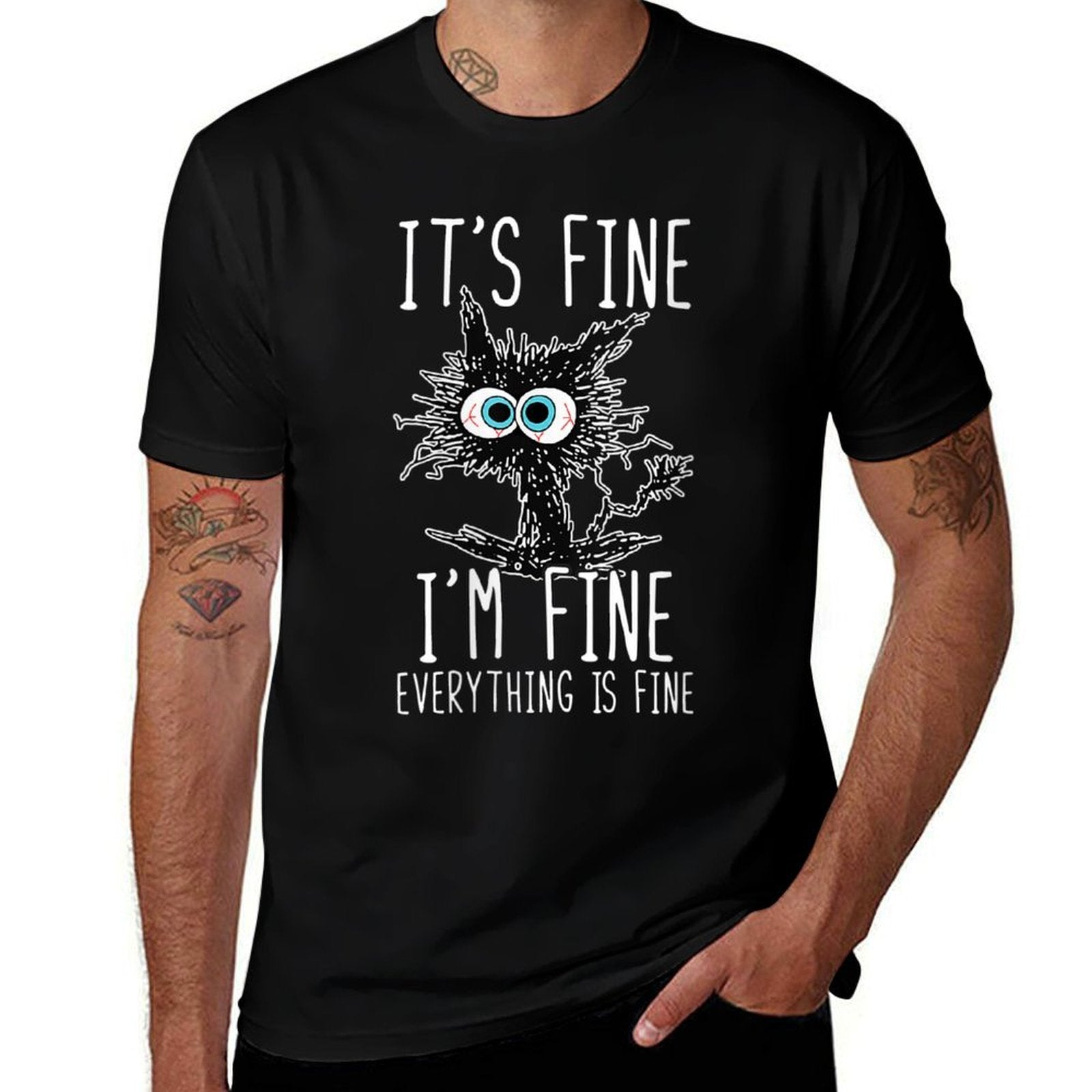 Womens Its Fine Im Fine Everything Is Fine Funny Black Cat  Rolled Sleeves T-Shirt