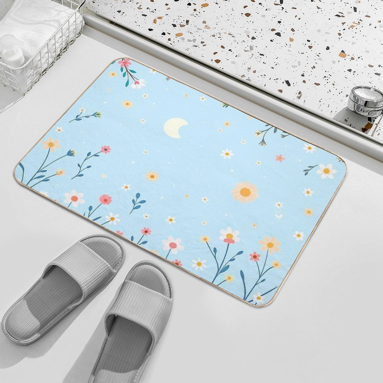 Flowers with Crescent Moon  Dirt-Trapping Bath Mat