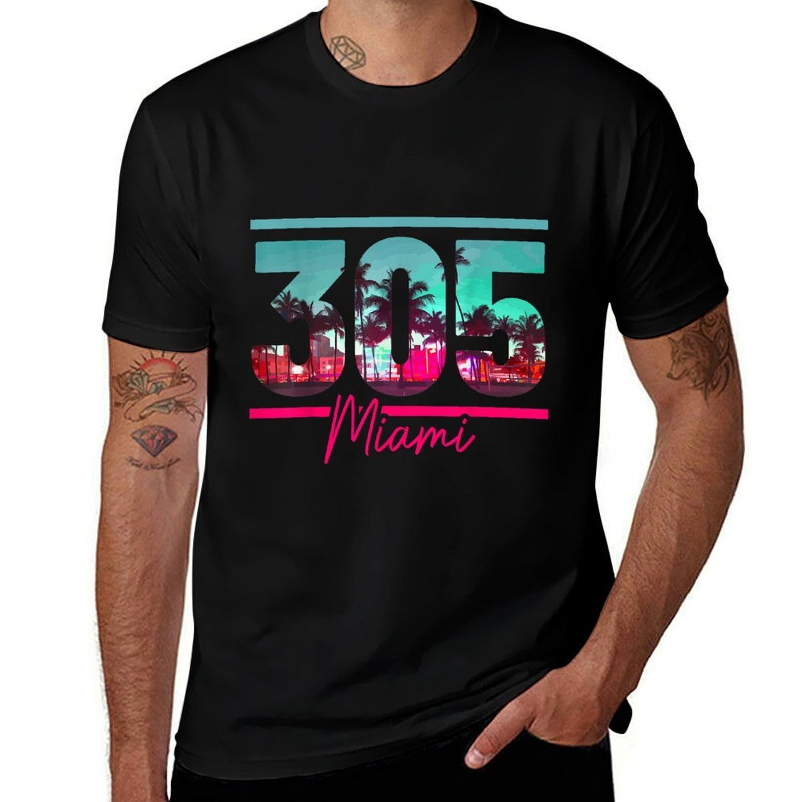 Miami 305 Area Code Florida Vintage Palm Trees Pride Retro  Wrinkle-resistant T-Shirt
