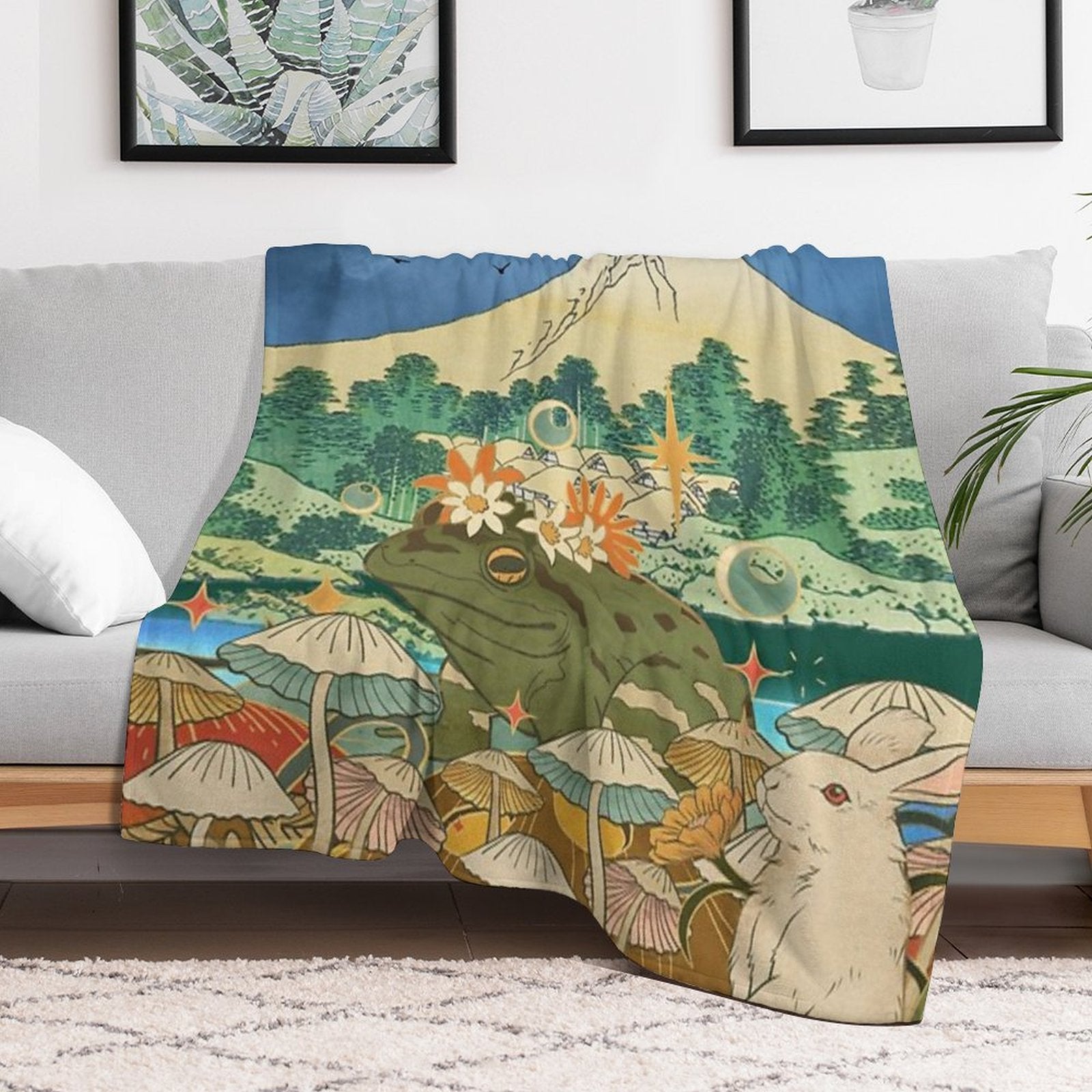 Mystic Fuji Frog And Rabbit in A Dreamscape Premium Throw Blanket