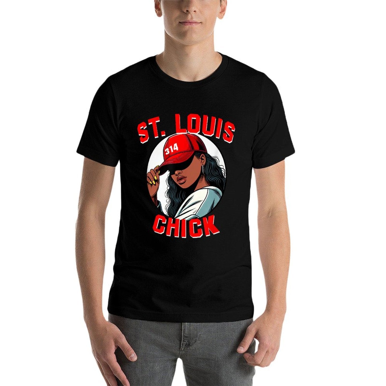 St. Louis Chick 314 Black Woman Red Hat  Wrinkle-resistant T-Shirt