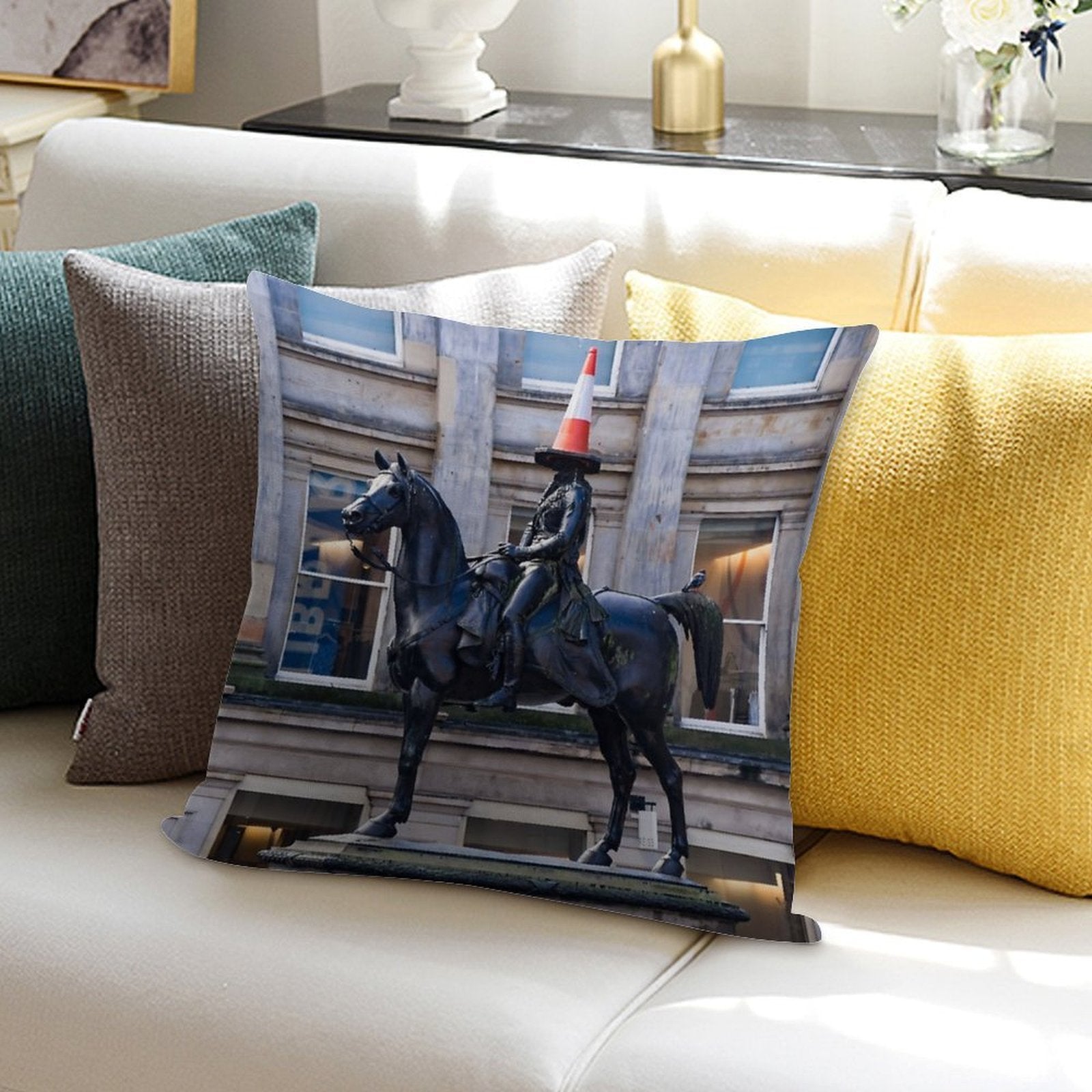 Duke of Wellington And Obligatory Cone in Glasgow Soft Gift Ready Throw Pillow