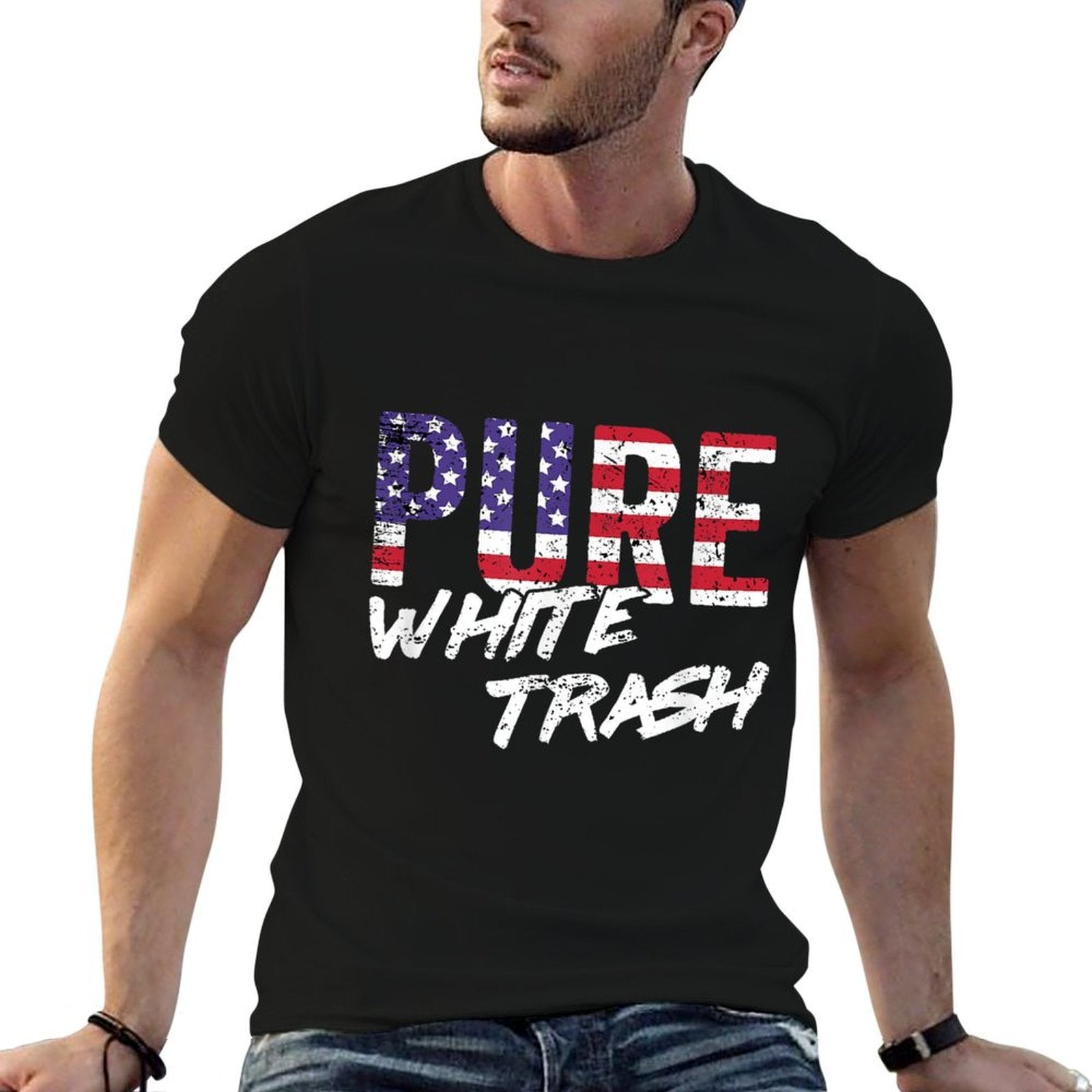 Funny Redneck, American USA Pure White Trash  Ribbed Collar T-Shirt