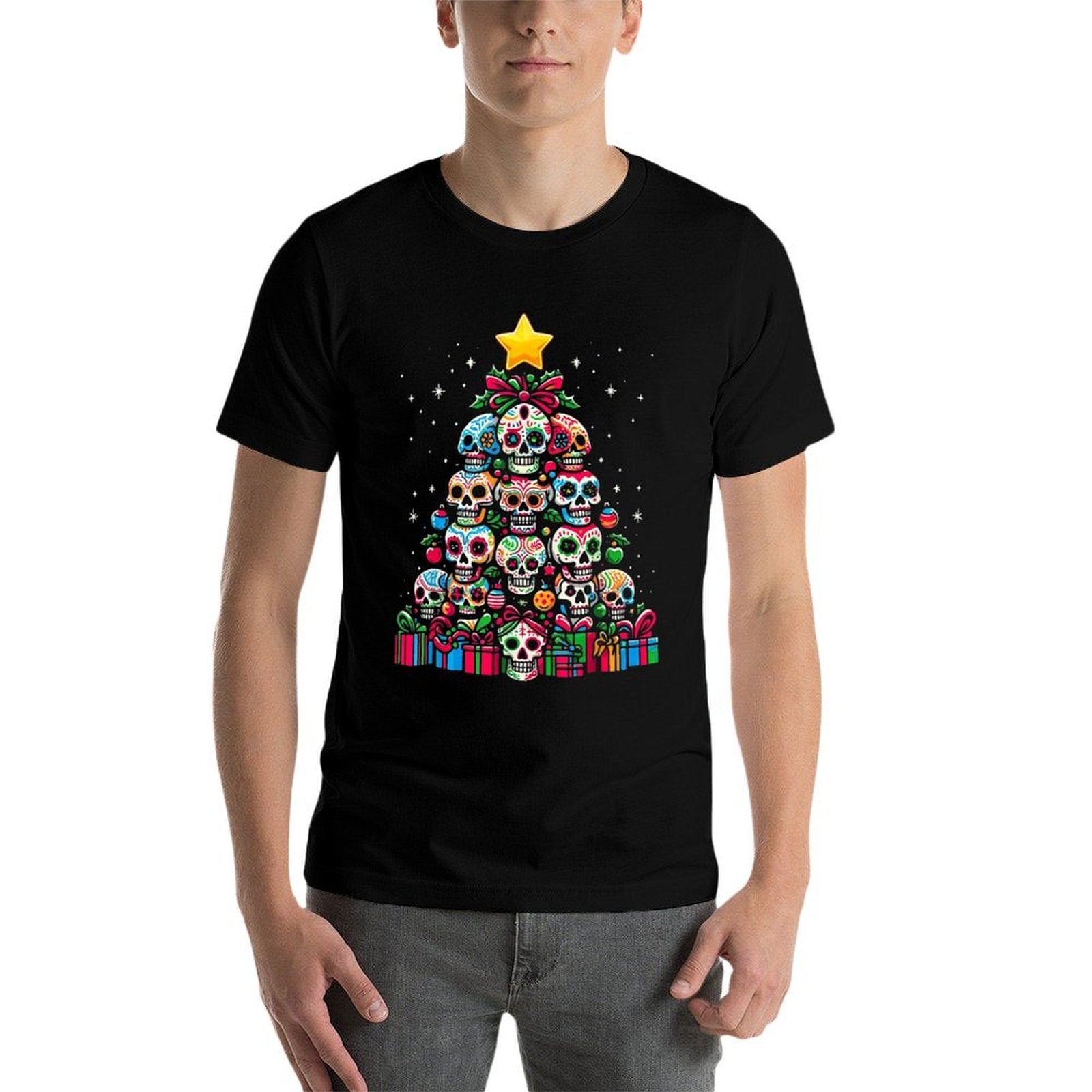 Skull Christmas Tree Funny Mexican Flower Sugar Skull Xmas  Slim-fit Cut T-Shirt