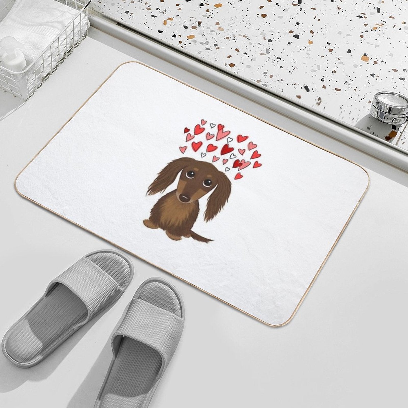 Hearts Dog Longhaired Chocolate Dachshund Cartoon Dog with Valentine Hearts  Non-Slip Bath Mat